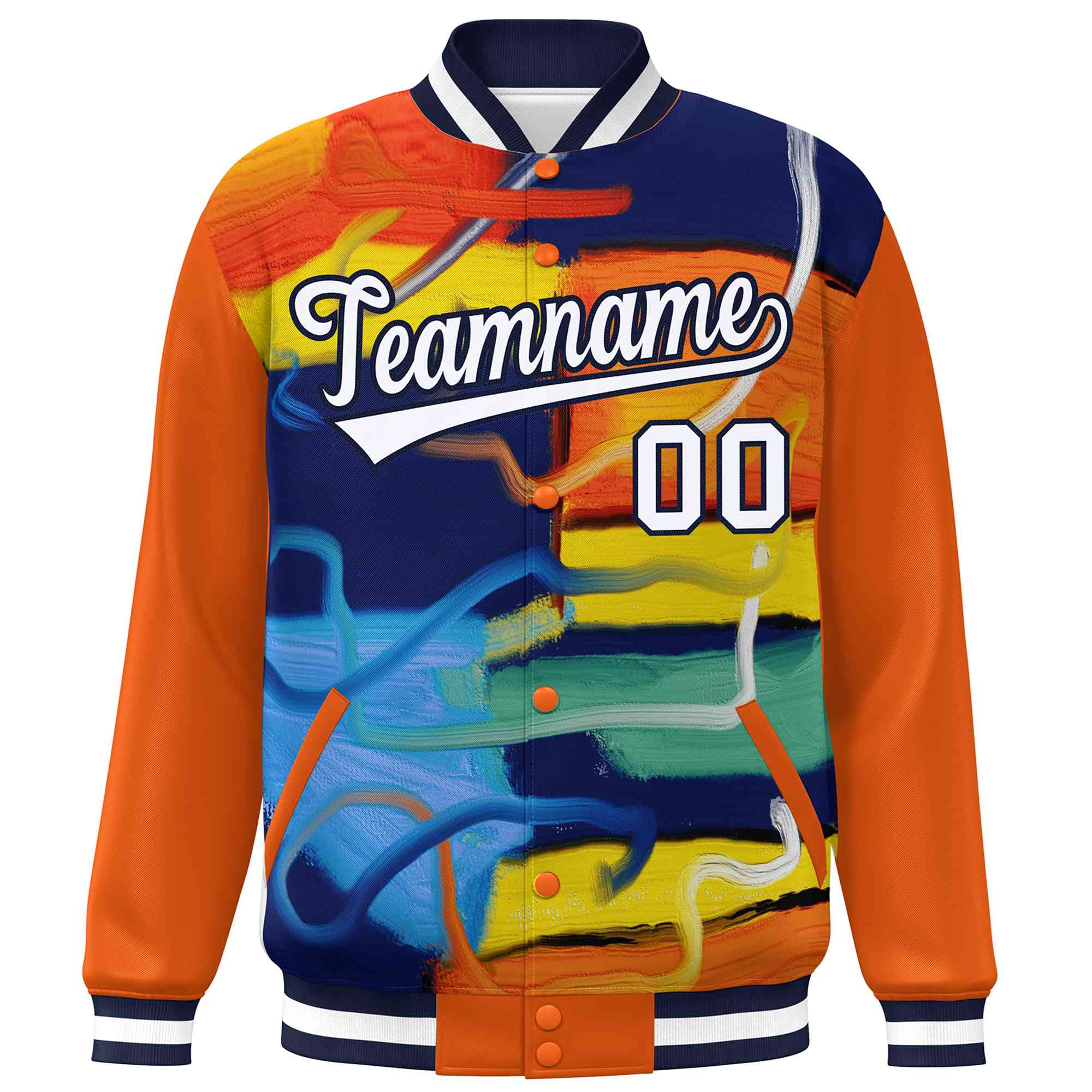 Custom Orange Navy-White Tie Dye Ink Paint Varsity Graffiti Pattern Letterman Jacket