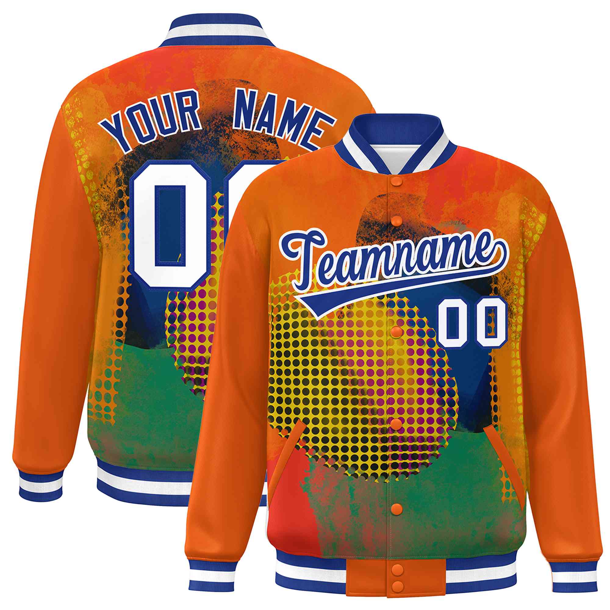 Custom Orange Royal-White Tie Dye Ink Paint Varsity Graffiti Pattern Letterman Jacket