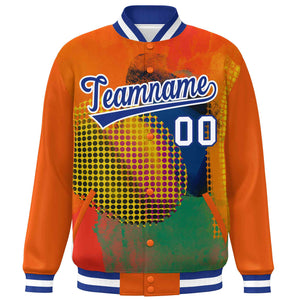 Custom Orange Royal-White Tie Dye Ink Paint Varsity Graffiti Pattern Letterman Jacket