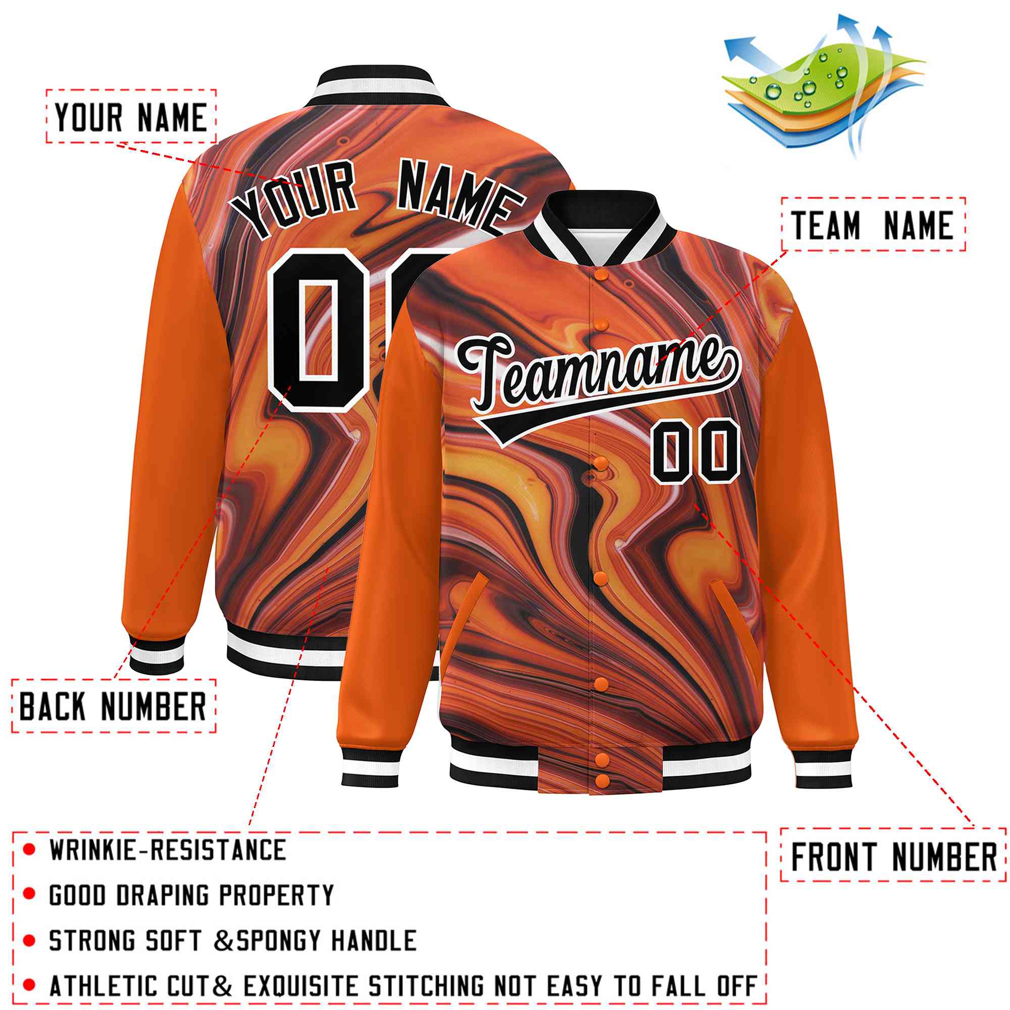 Custom Orange Black-White Tie Dye Ink Paint Varsity Graffiti Pattern Letterman Jacket