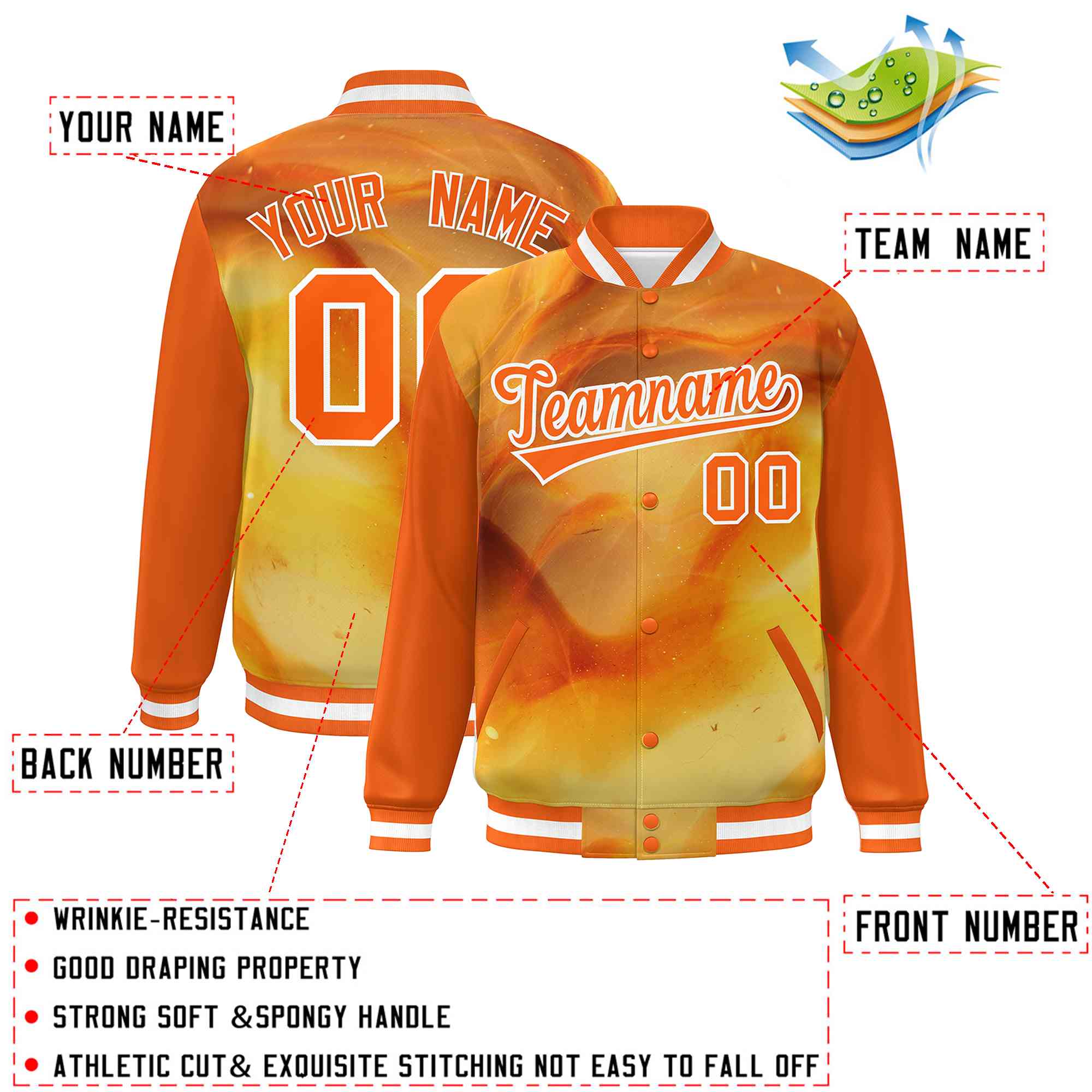 Custom Orange White Tie Dye Ink Paint Varsity Graffiti Pattern Letterman Jacket