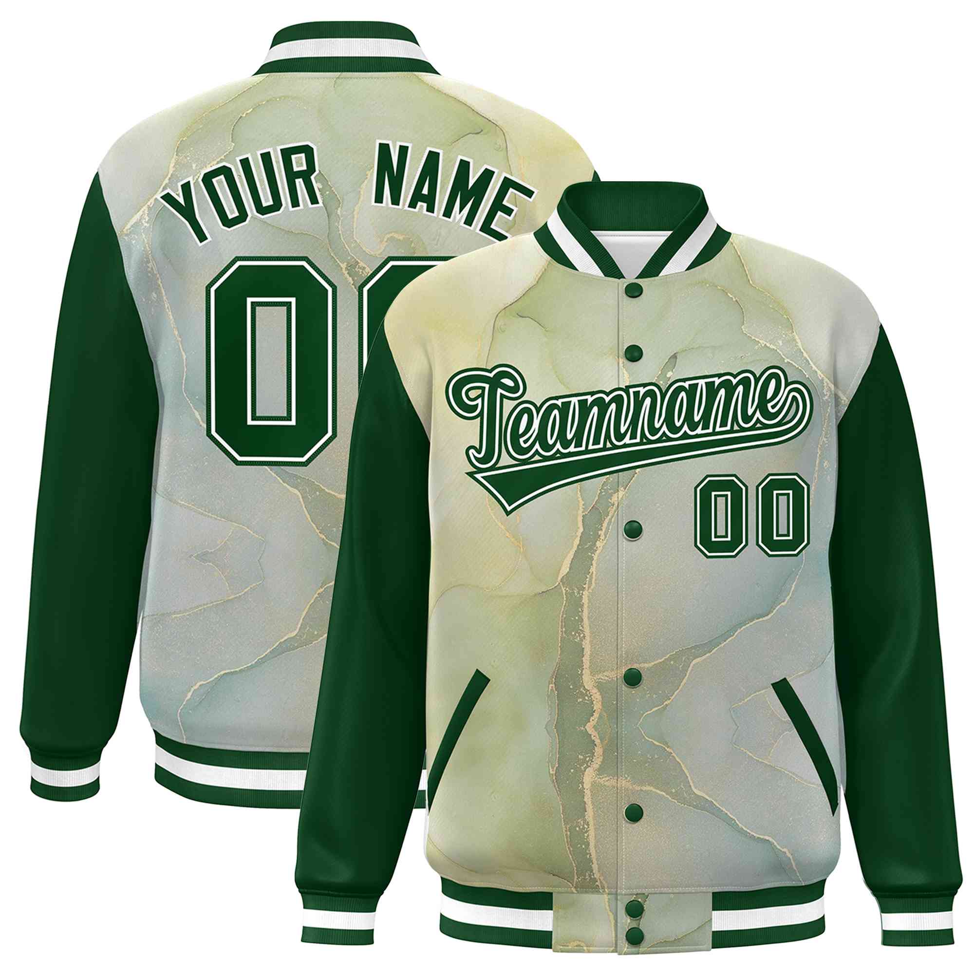 Custom Green White Tie Dye Ink Paint Varsity Graffiti Pattern Letterman Jacket