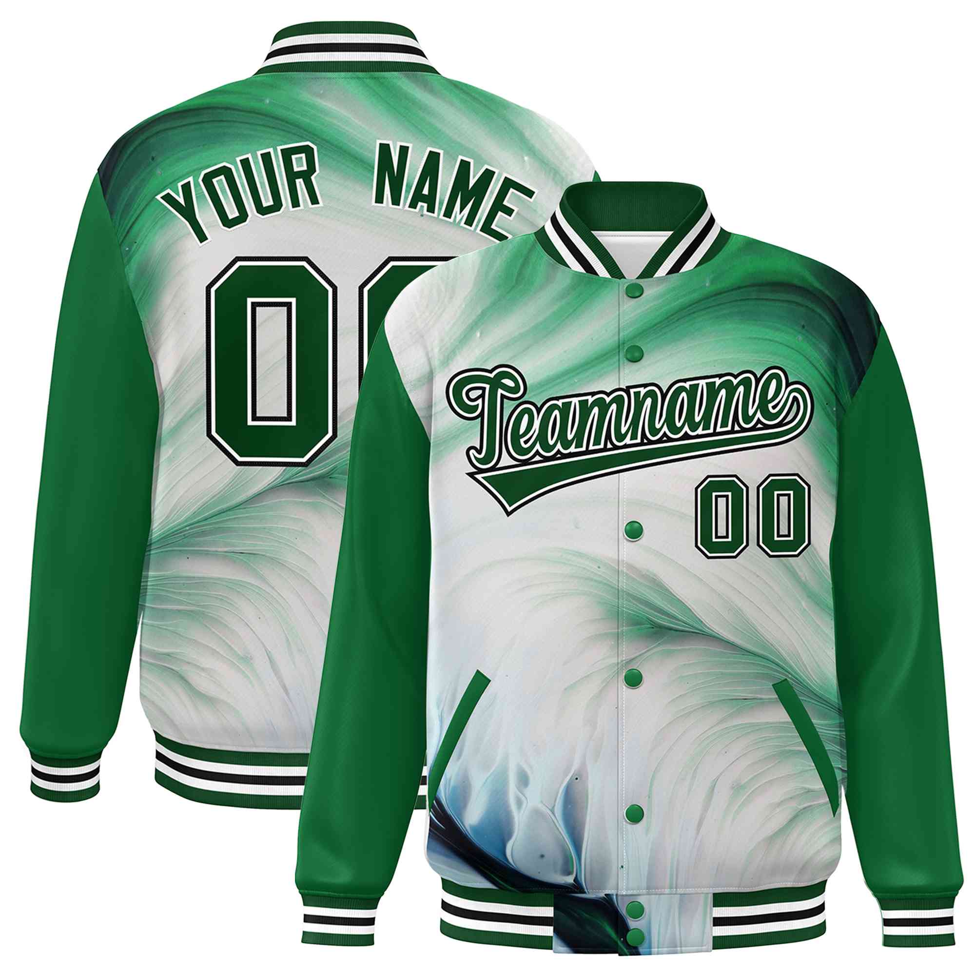 Custom Kelly Green Green-White Tie Dye Ink Paint Varsity Graffiti Pattern Letterman Jacket