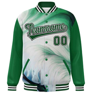 Custom Kelly Green Green-White Tie Dye Ink Paint Varsity Graffiti Pattern Letterman Jacket