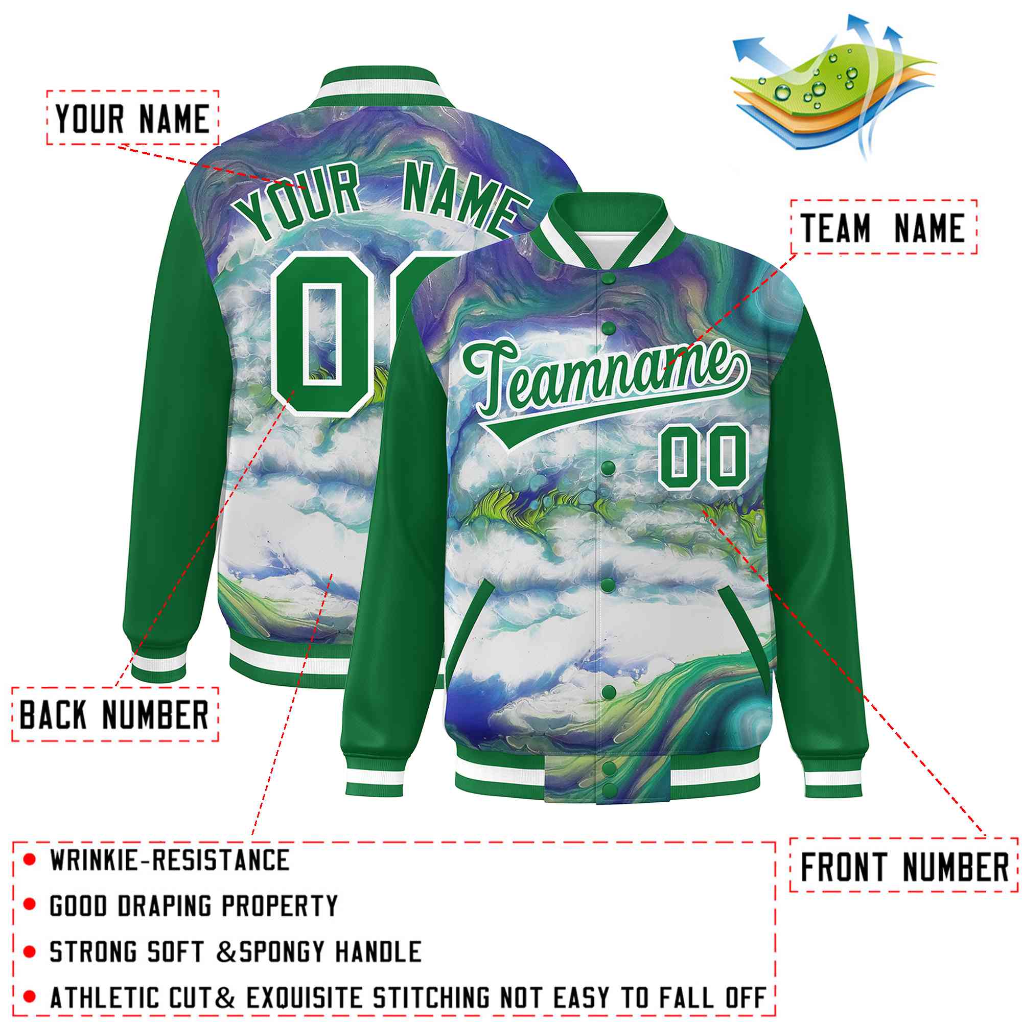 Custom Kelly Green White Tie Dye Ink Paint Varsity Graffiti Pattern Letterman Jacket