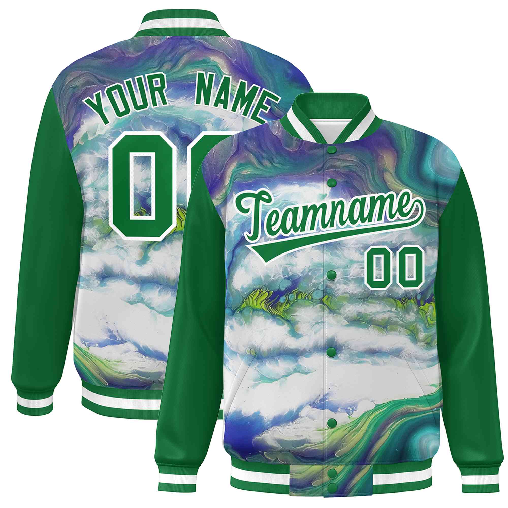 Custom Kelly Green White Tie Dye Ink Paint Varsity Graffiti Pattern Letterman Jacket