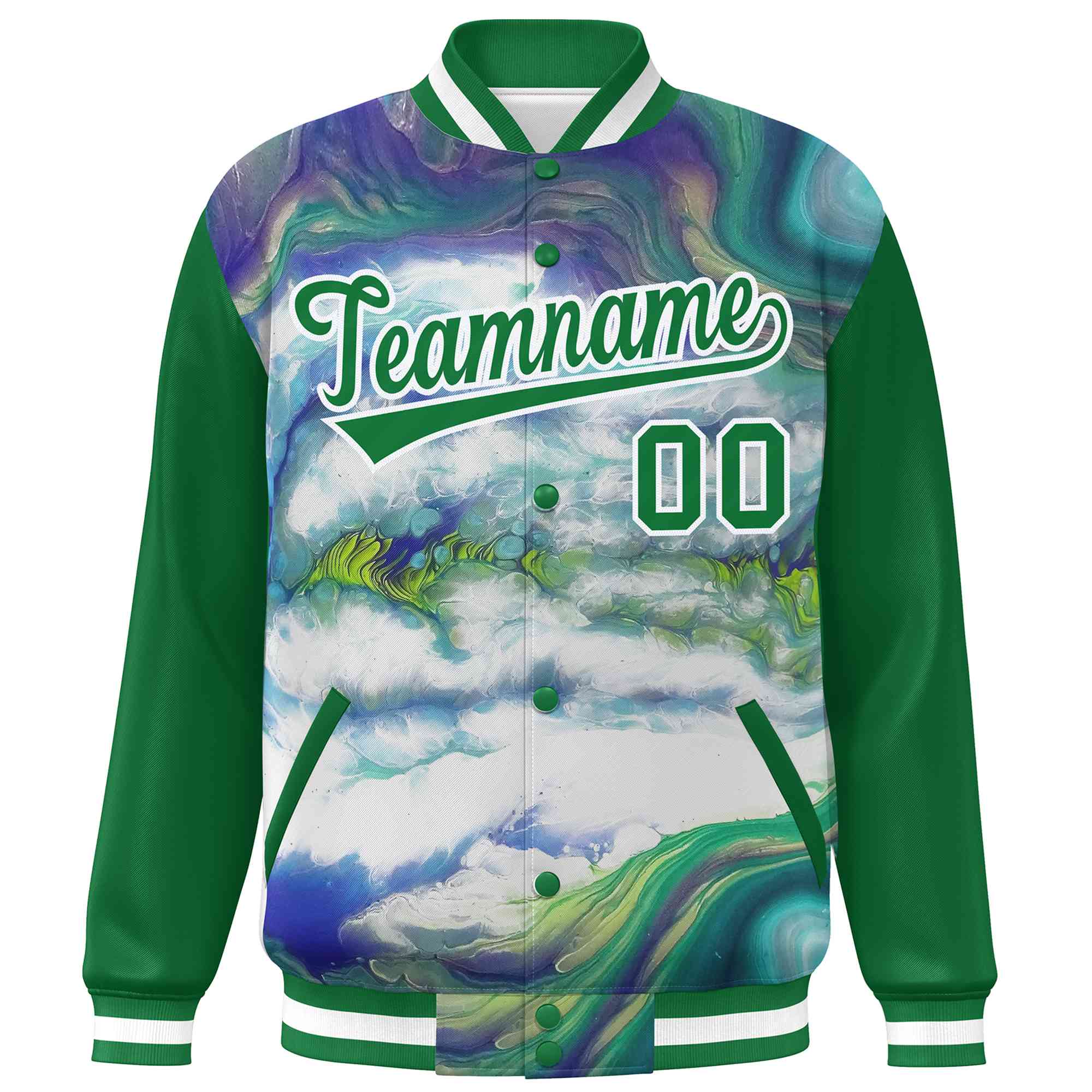 Custom Kelly Green White Tie Dye Ink Paint Varsity Graffiti Pattern Letterman Jacket