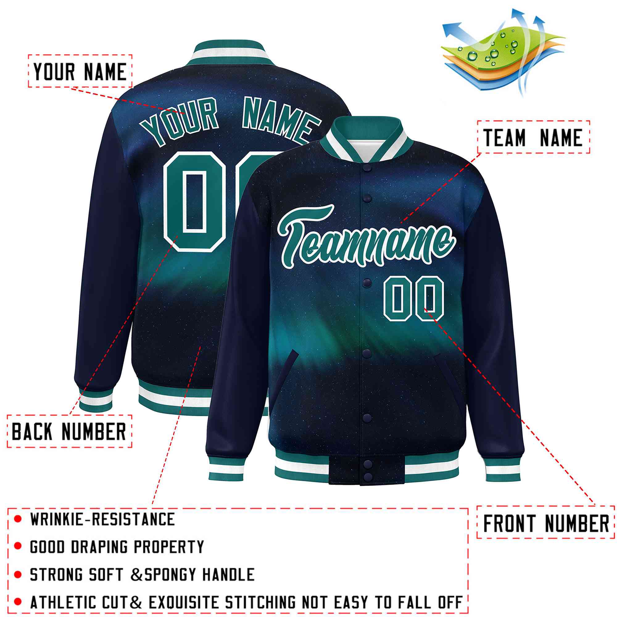 Custom Navy Aqua-White Tie Dye Ink Paint Varsity Graffiti Pattern Letterman Jacket