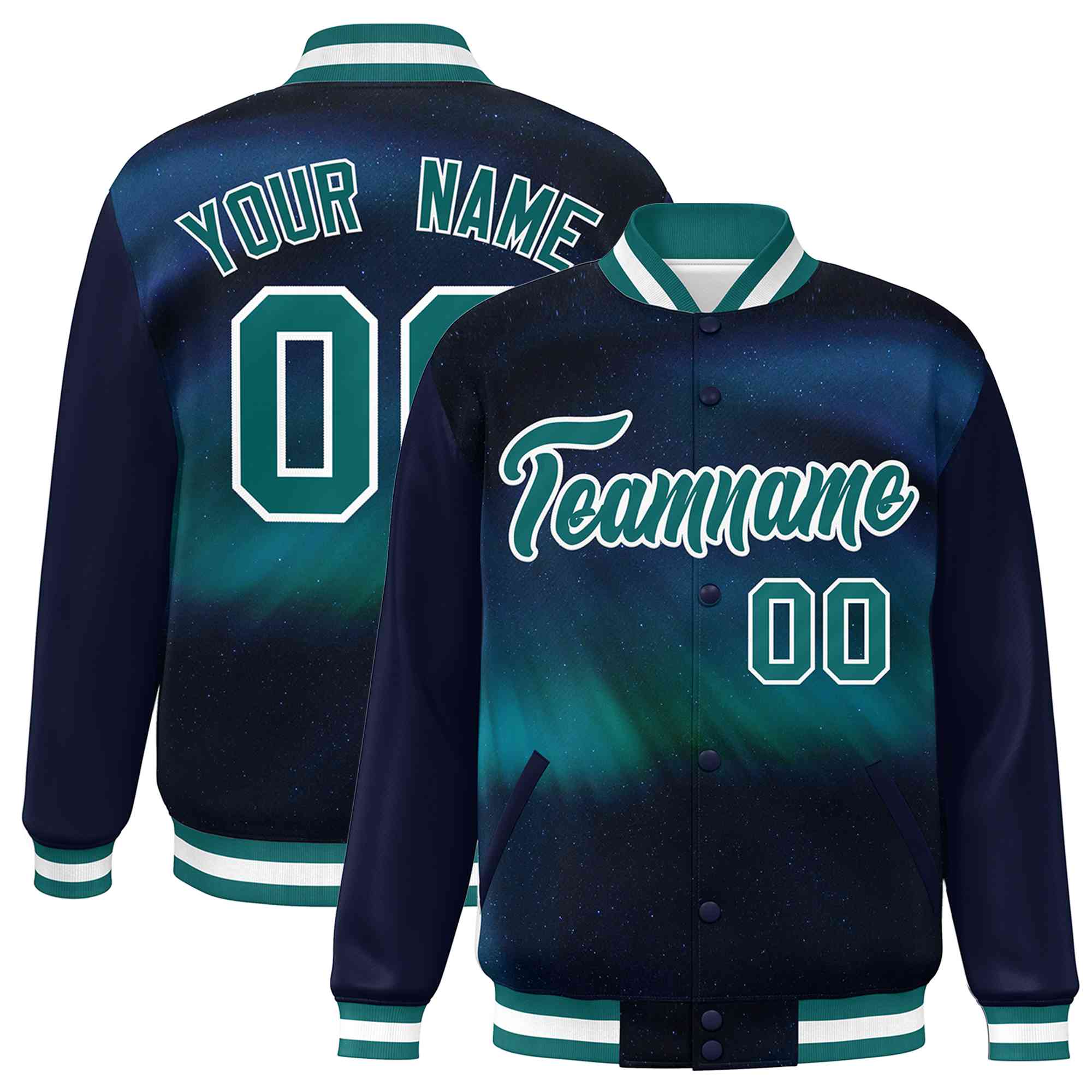 Custom Navy Aqua-White Tie Dye Ink Paint Varsity Graffiti Pattern Letterman Jacket