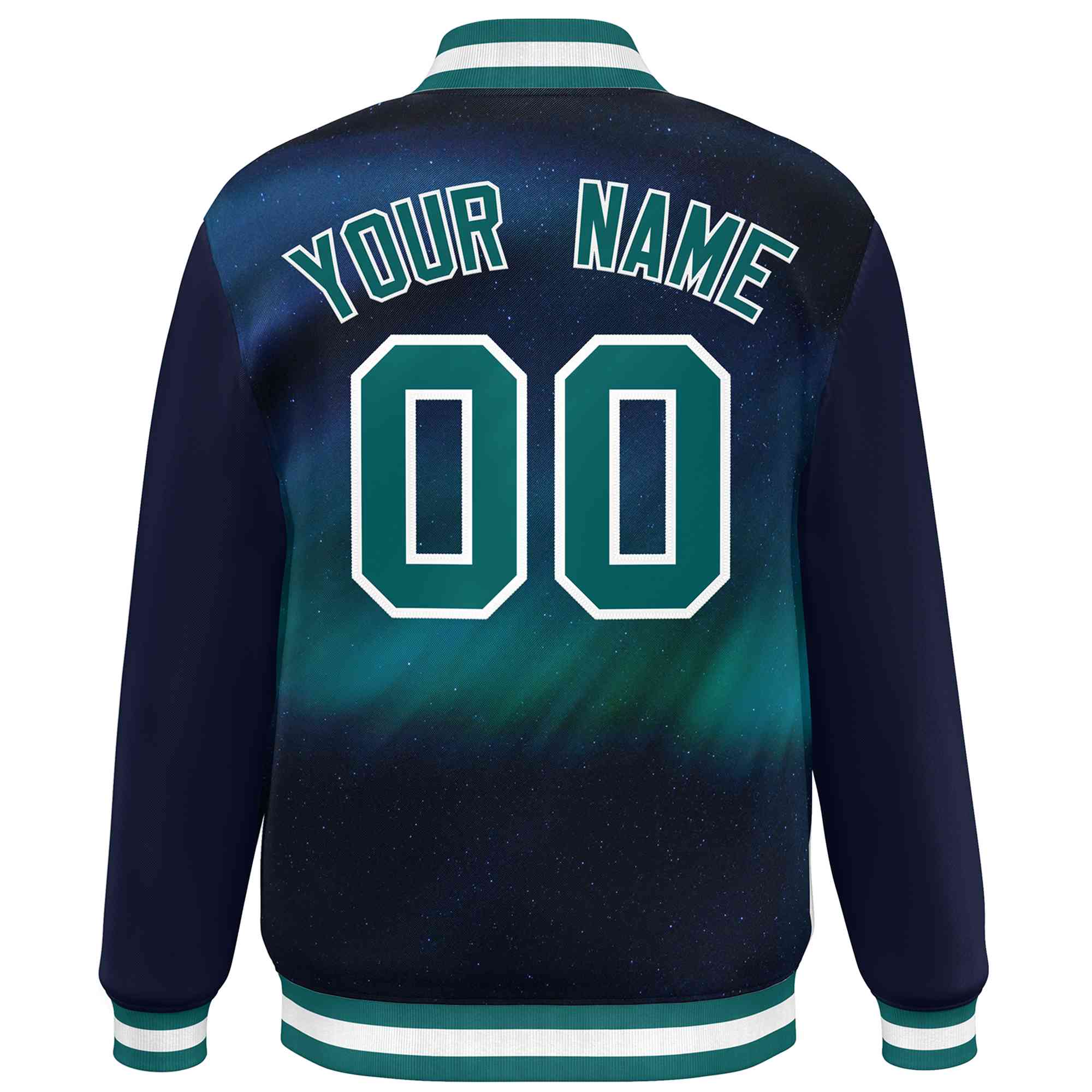 Custom Navy Aqua-White Tie Dye Ink Paint Varsity Graffiti Pattern Letterman Jacket