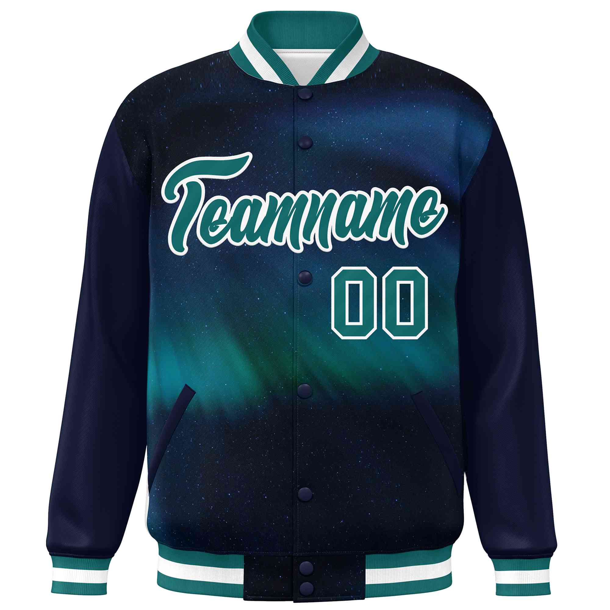 Custom Navy Aqua-White Tie Dye Ink Paint Varsity Graffiti Pattern Letterman Jacket