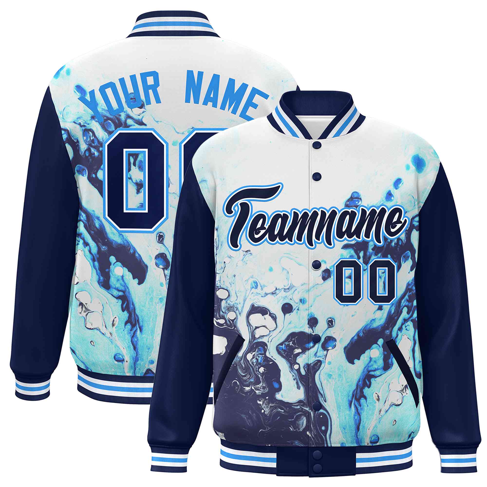 Custom Navy Royal-White Tie Dye Ink Paint Varsity Graffiti Pattern Letterman Jacket