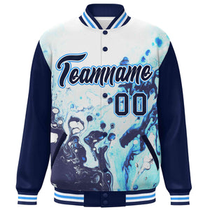 Custom Navy Royal-White Tie Dye Ink Paint Varsity Graffiti Pattern Letterman Jacket