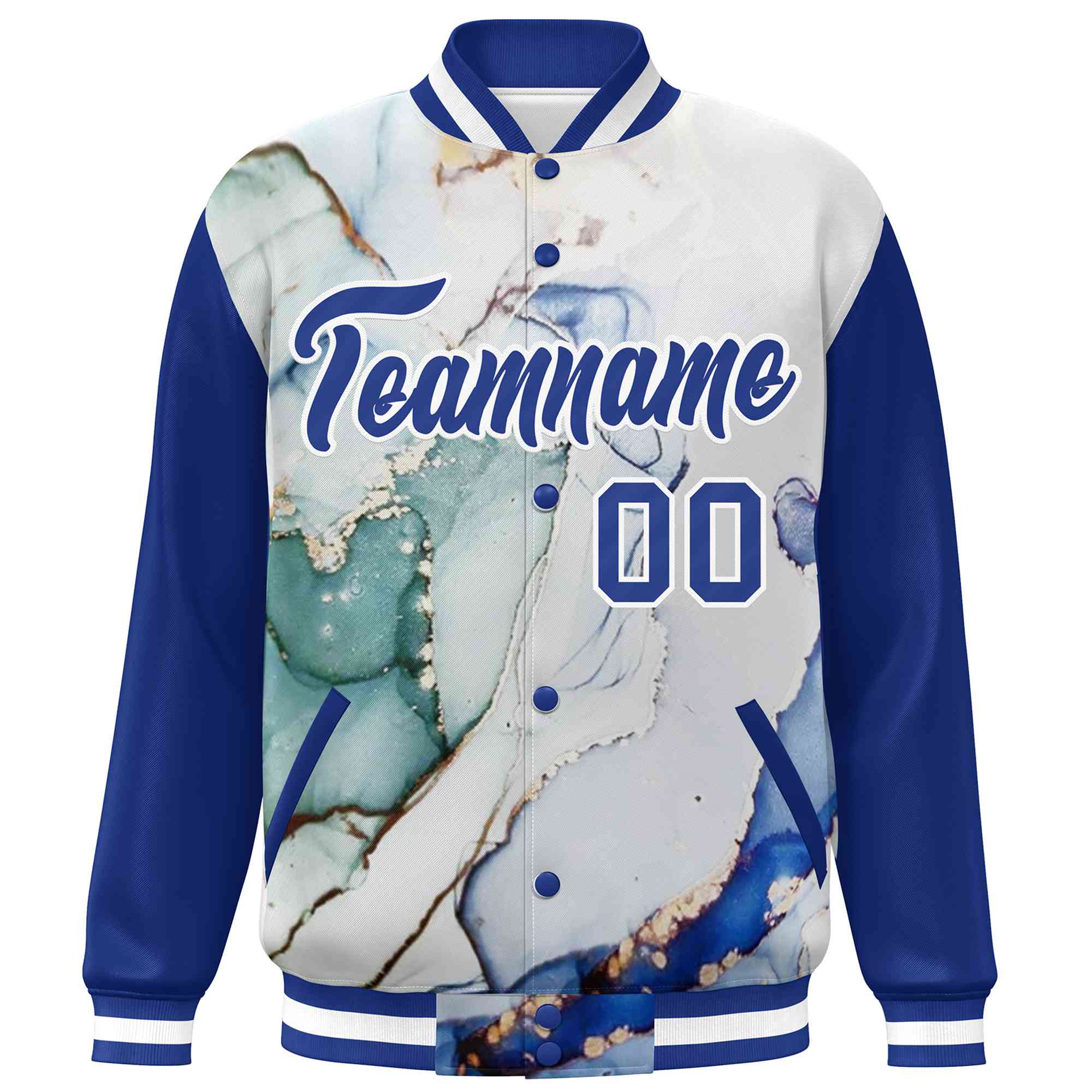 Custom Royal White Tie Dye Ink Paint Varsity Graffiti Pattern Letterman Jacket