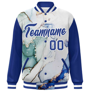 Custom Royal White Tie Dye Ink Paint Varsity Graffiti Pattern Letterman Jacket