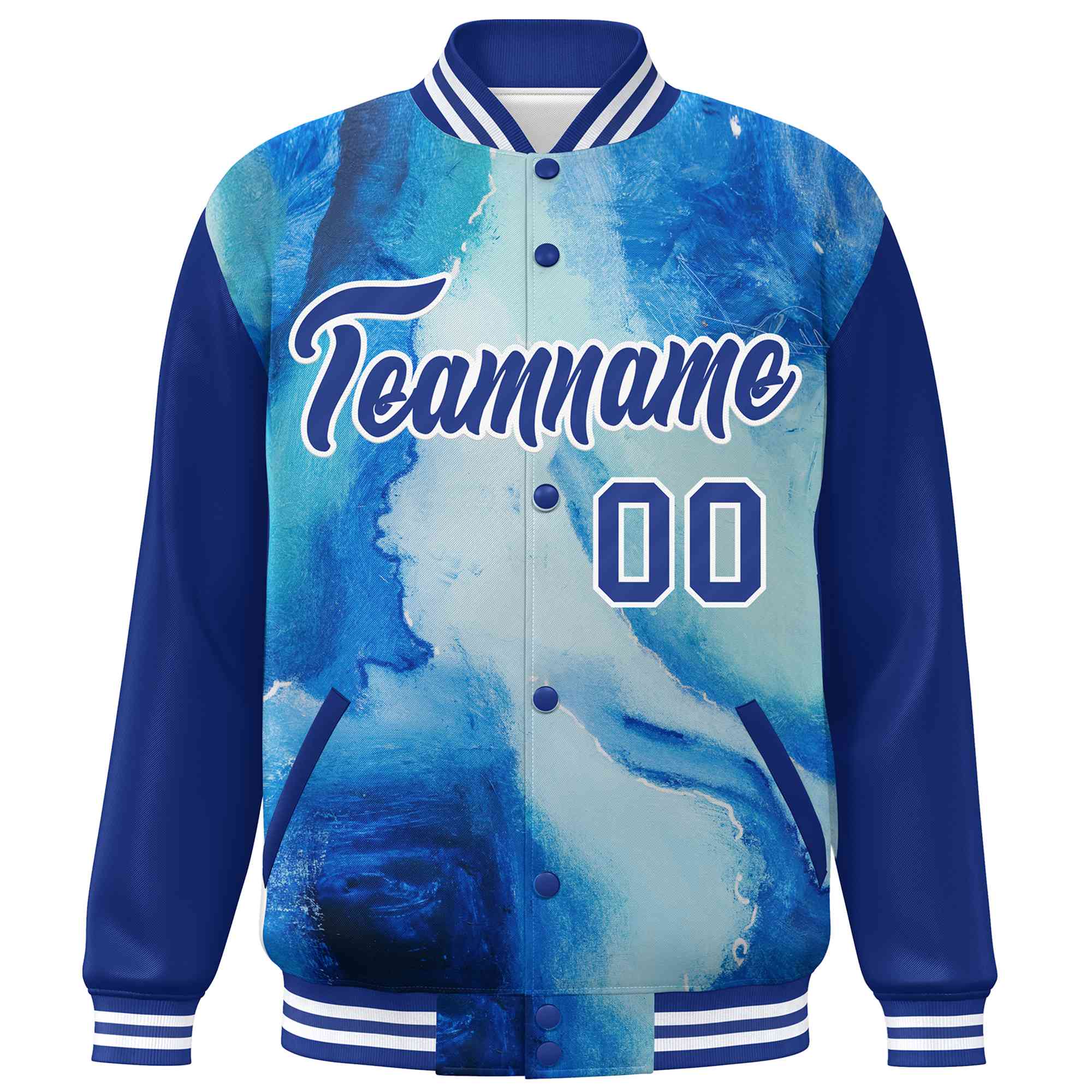 Custom Royal White Tie Dye Ink Paint Varsity Graffiti Pattern Letterman Jacket