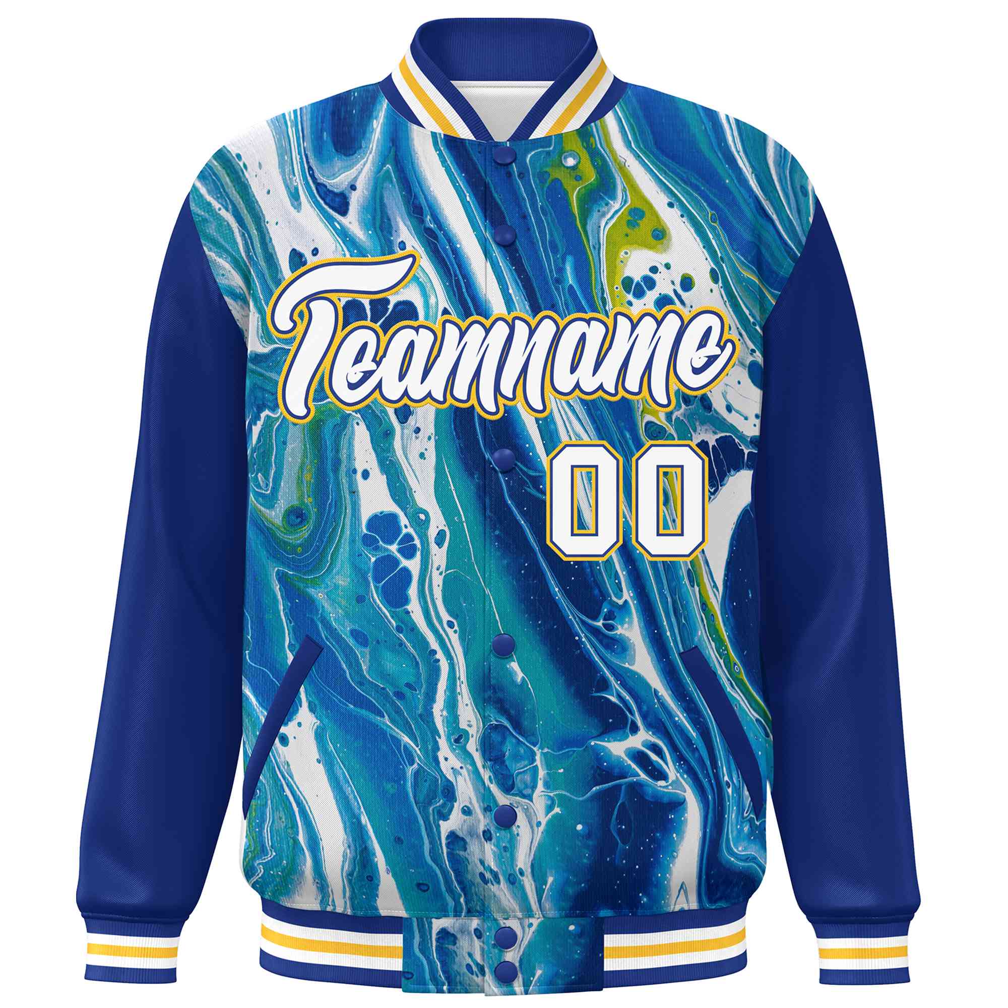 Custom Royal Gold-White Tie Dye Ink Paint Varsity Graffiti Pattern Letterman Jacket