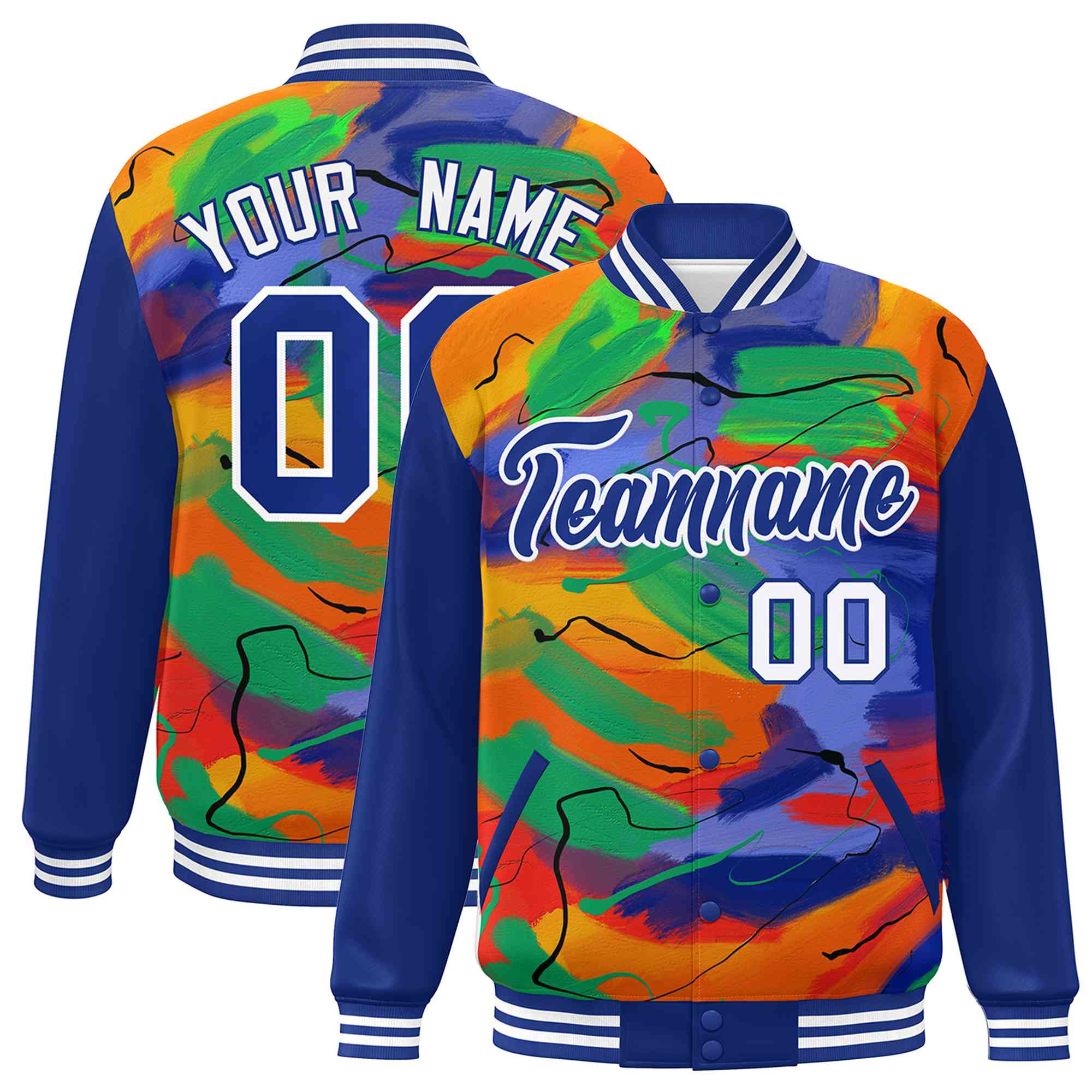 Custom Royal White Tie Dye Ink Paint Varsity Graffiti Pattern Letterman Jacket