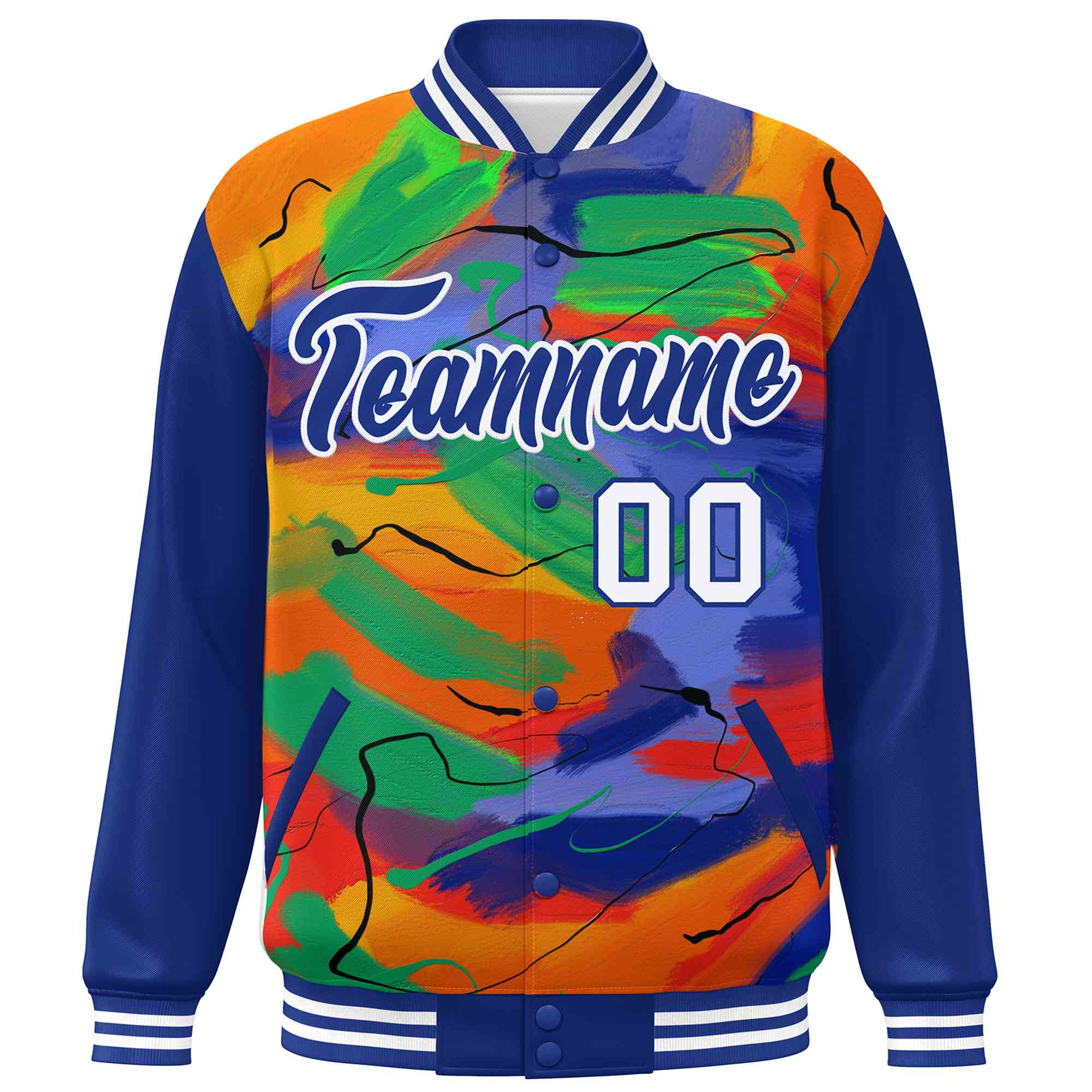 Custom Royal White Tie Dye Ink Paint Varsity Graffiti Pattern Letterman Jacket