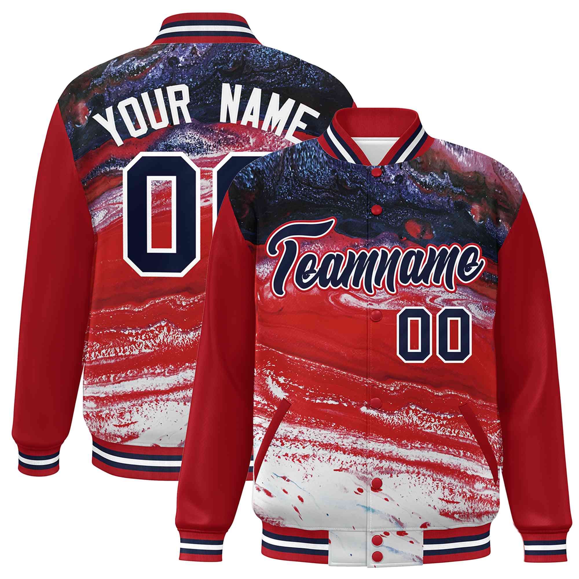 Custom Red Navy-White Tie Dye Ink Paint Varsity Graffiti Pattern Letterman Jacket