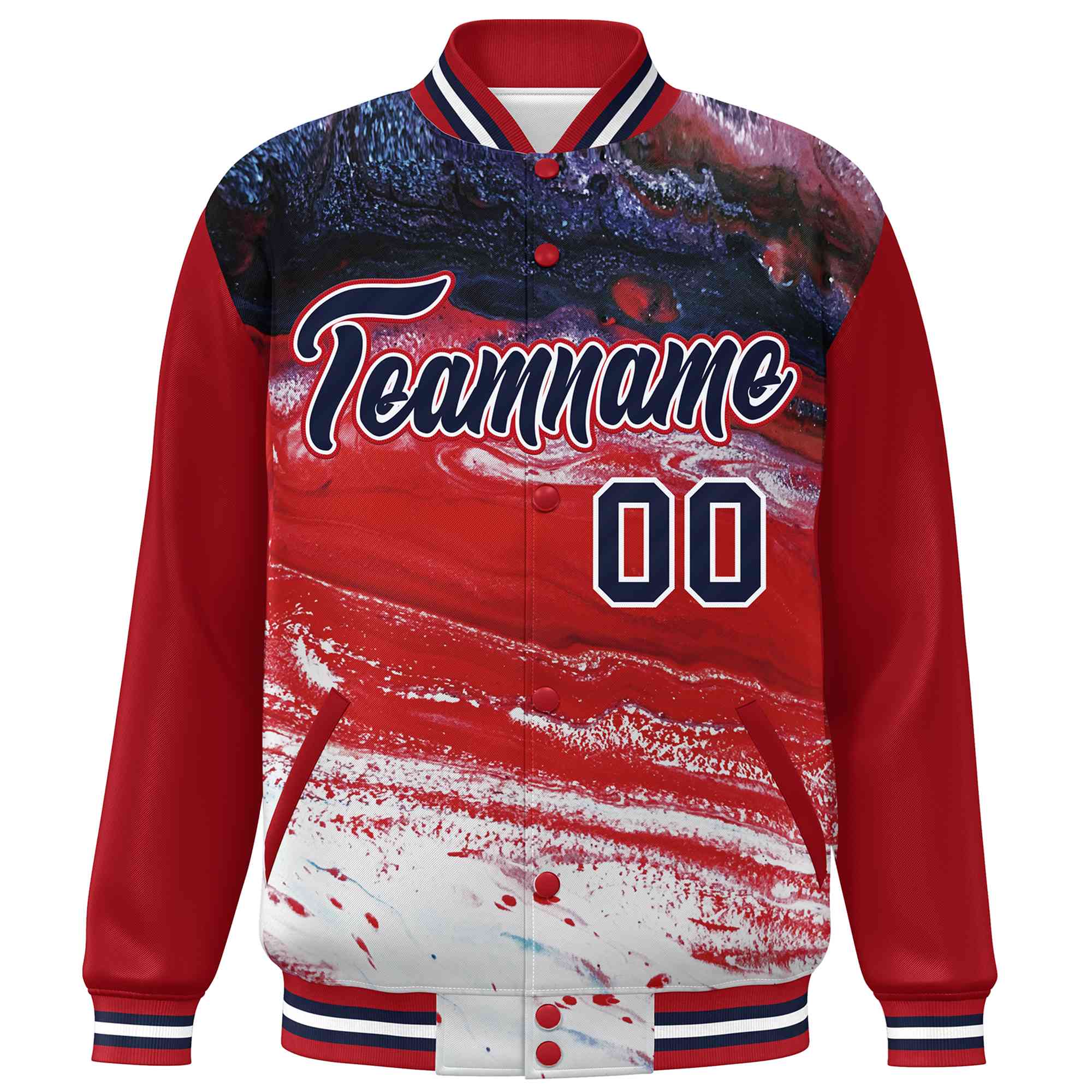 Custom Red Navy-White Tie Dye Ink Paint Varsity Graffiti Pattern Letterman Jacket