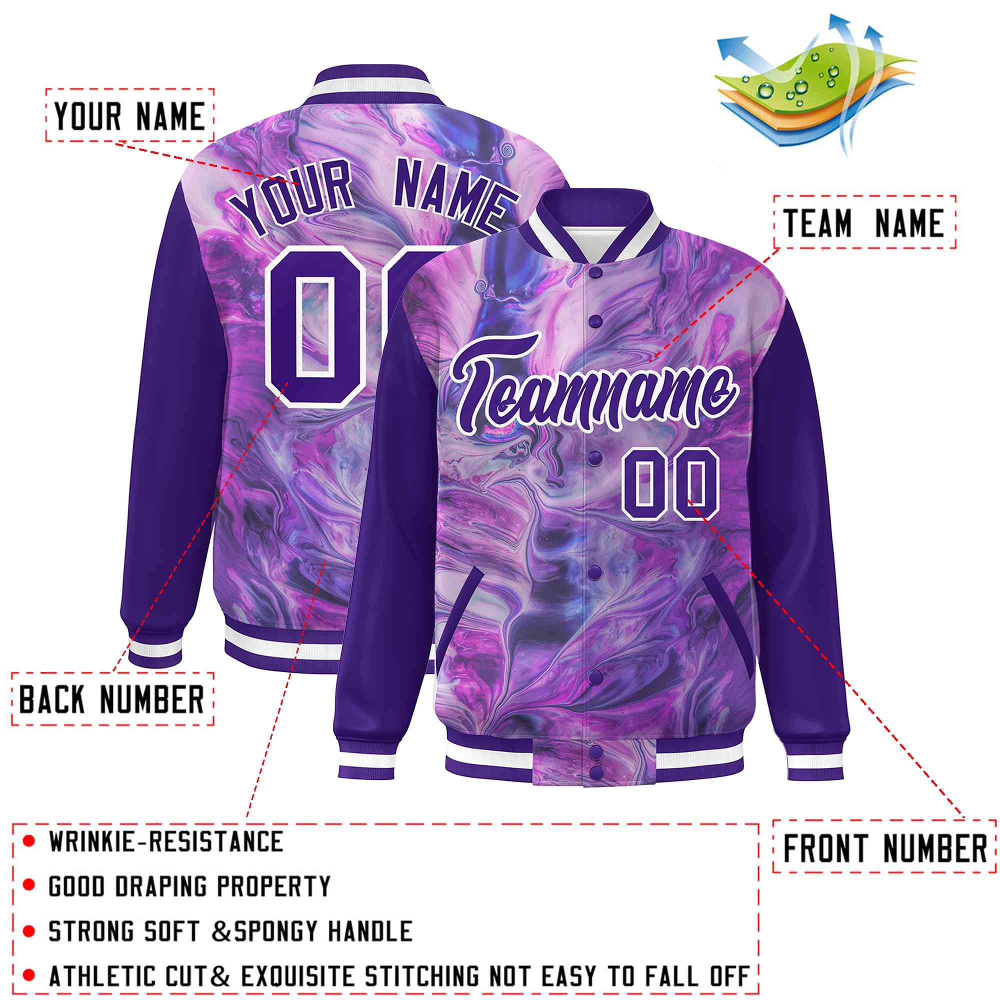 Custom Purple White Tie Dye Ink Paint Varsity Graffiti Pattern Letterman Jacket