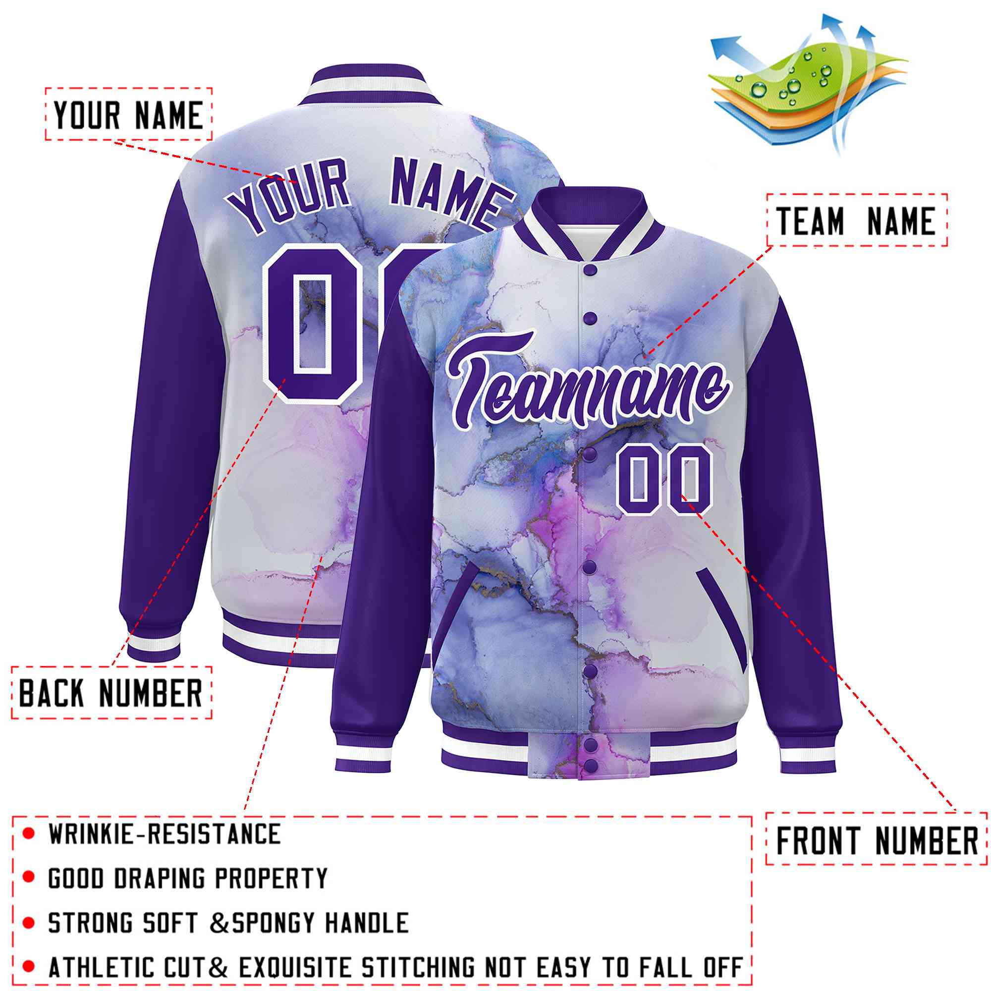 Custom Purple White Tie Dye Ink Paint Varsity Graffiti Pattern Letterman Jacket