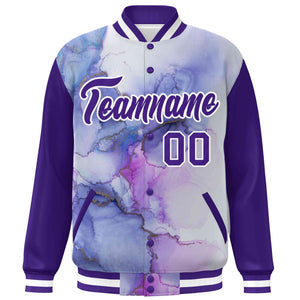 Custom Purple White Tie Dye Ink Paint Varsity Graffiti Pattern Letterman Jacket