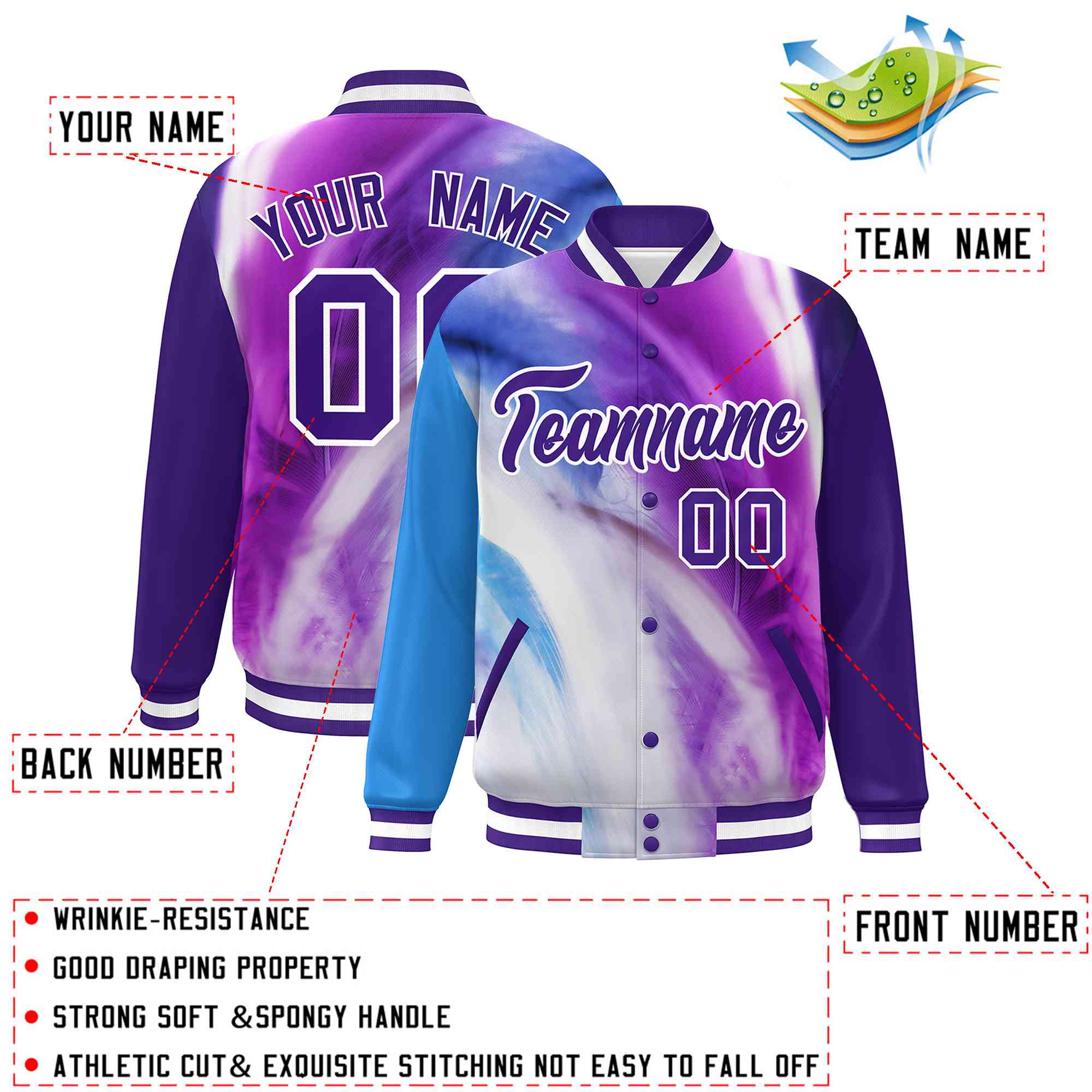 Custom Purple White Tie Dye Ink Paint Varsity Graffiti Pattern Letterman Jacket