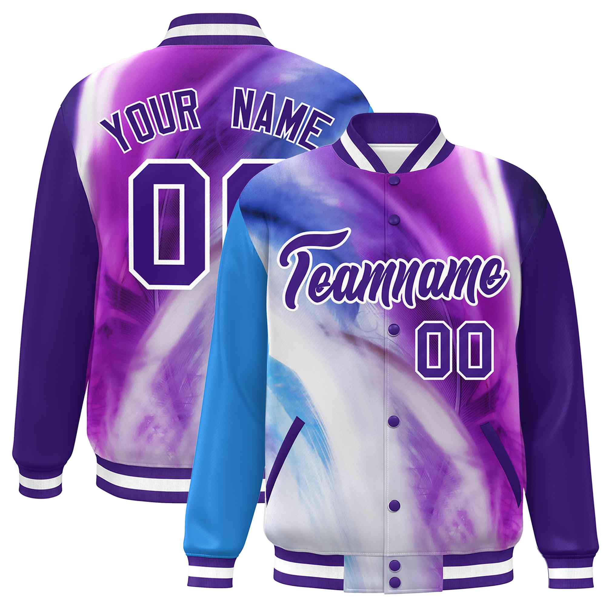 Custom Purple White Tie Dye Ink Paint Varsity Graffiti Pattern Letterman Jacket