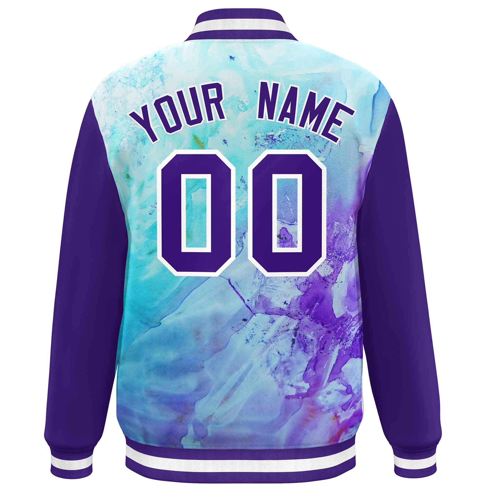 Custom Purple White Tie Dye Ink Paint Varsity Graffiti Pattern Letterman Jacket