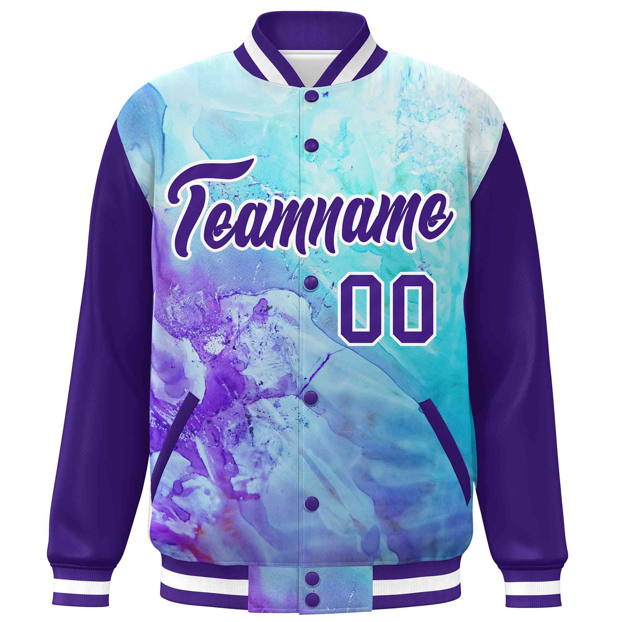 Custom Purple White Tie Dye Ink Paint Varsity Graffiti Pattern Letterman Jacket