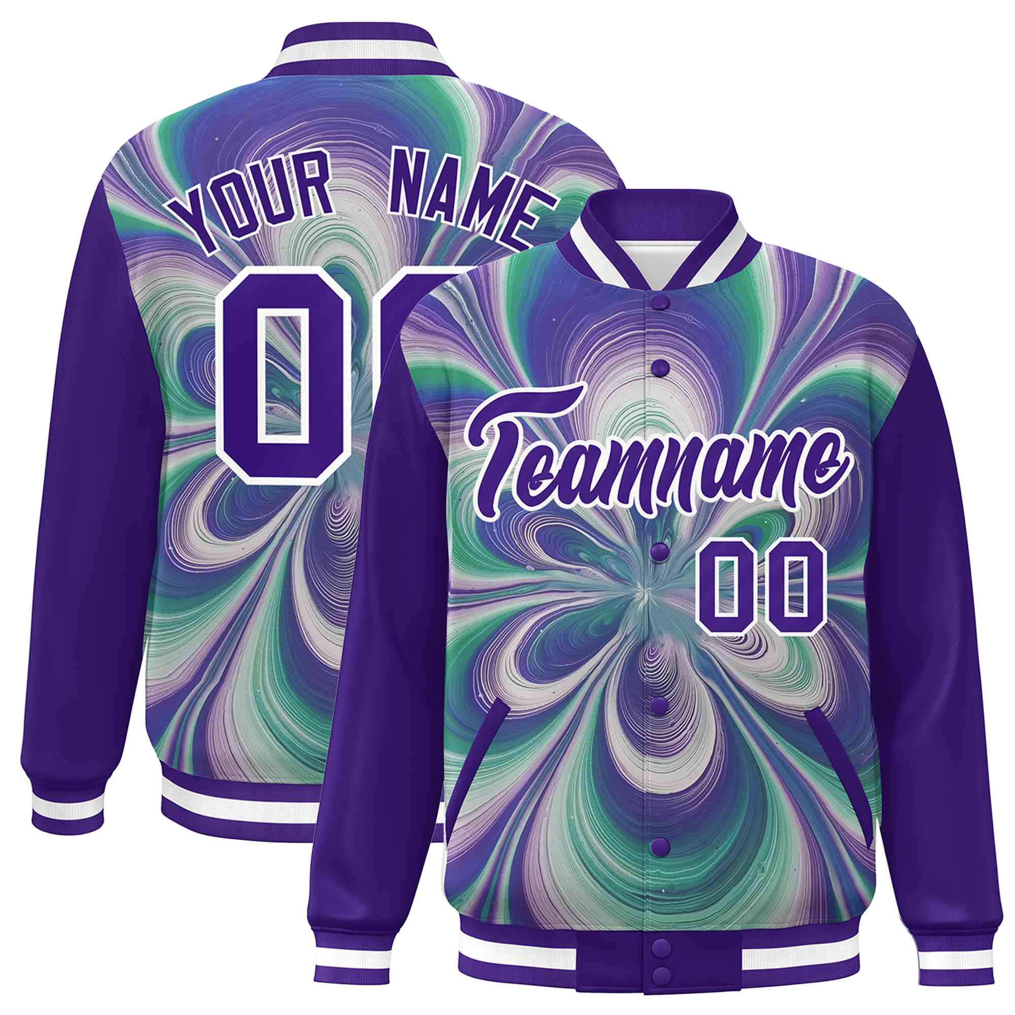 Custom Purple White Tie Dye Ink Paint Varsity Graffiti Pattern Letterman Jacket