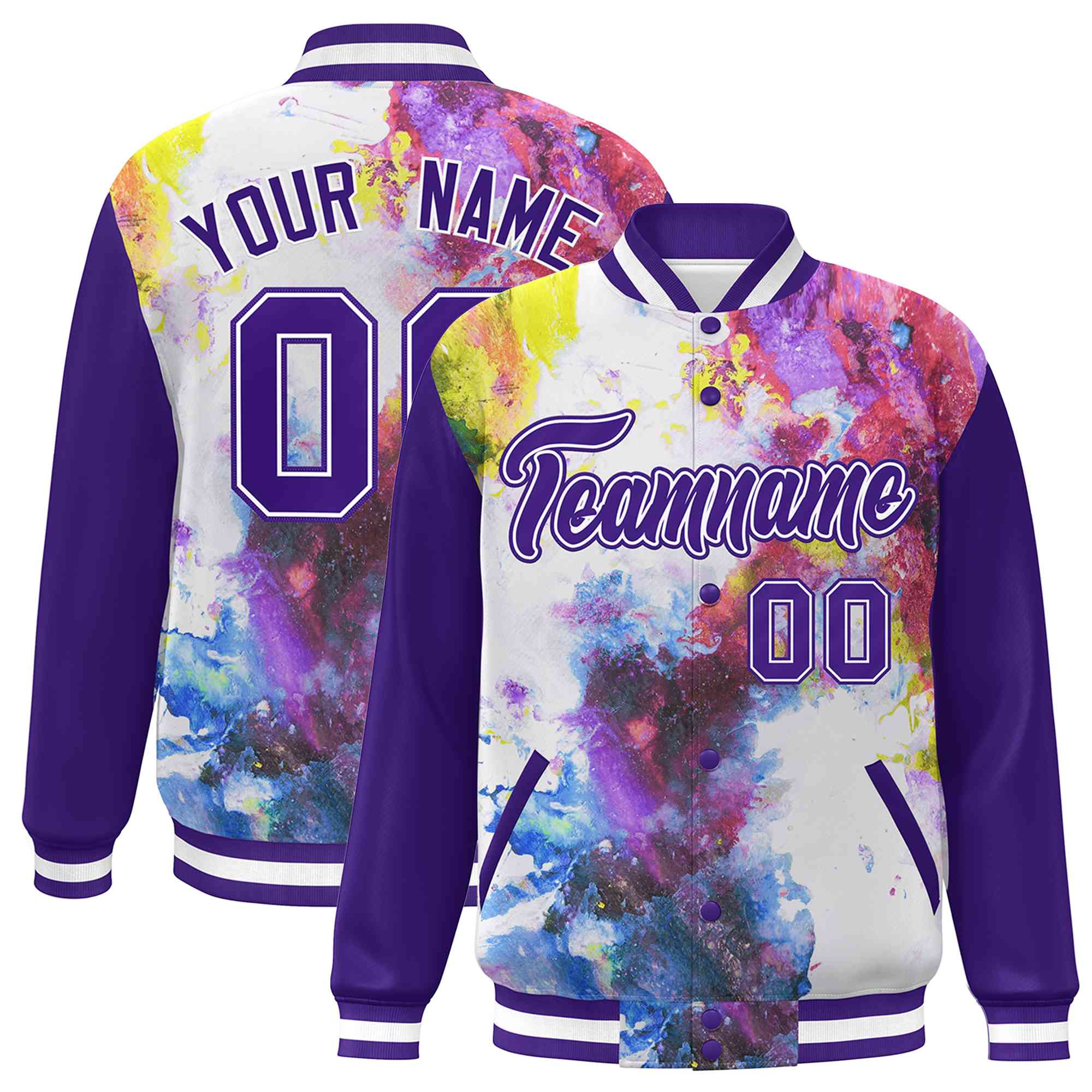 Custom Purple White Tie Dye Ink Paint Varsity Graffiti Pattern Letterman Jacket