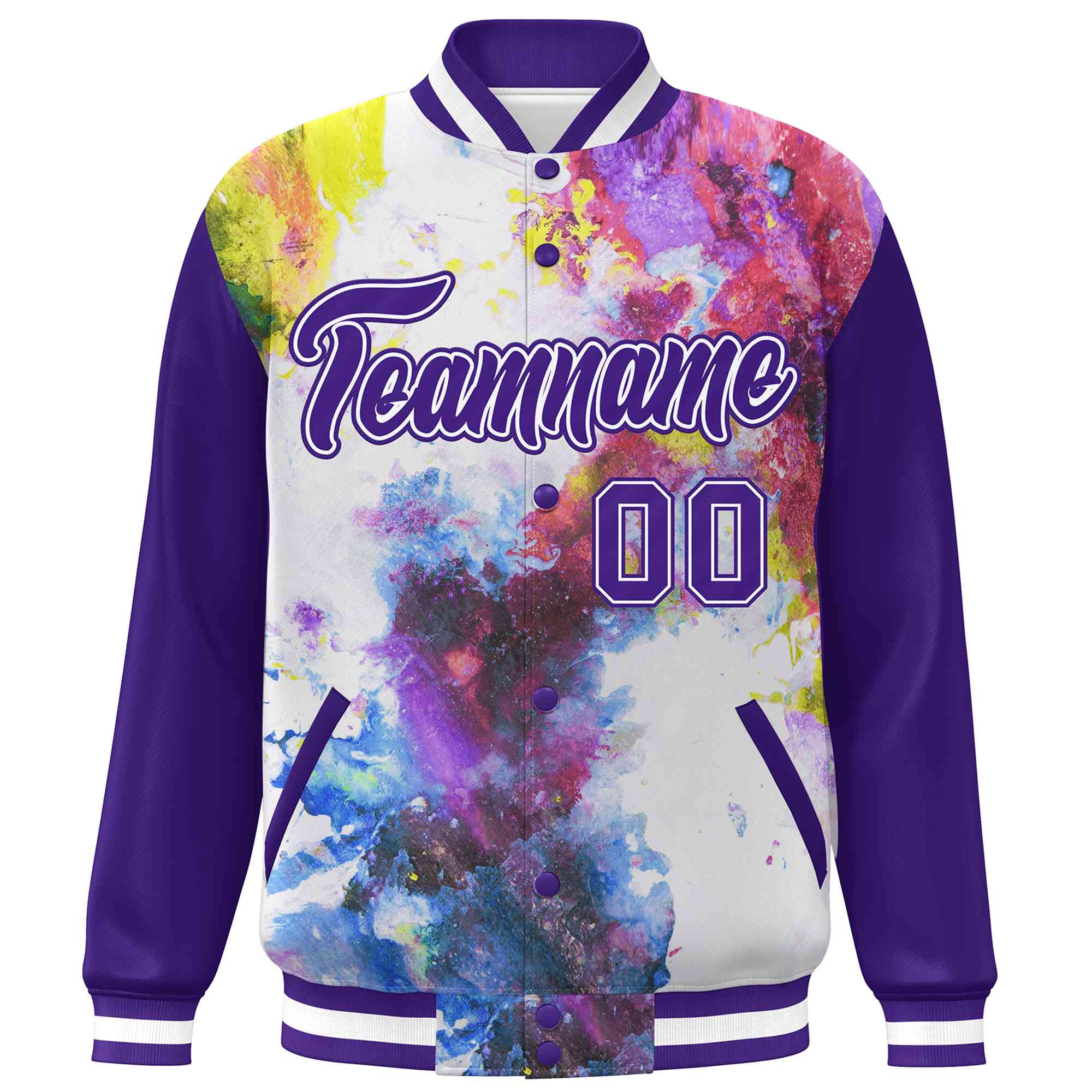 Custom Purple White Tie Dye Ink Paint Varsity Graffiti Pattern Letterman Jacket