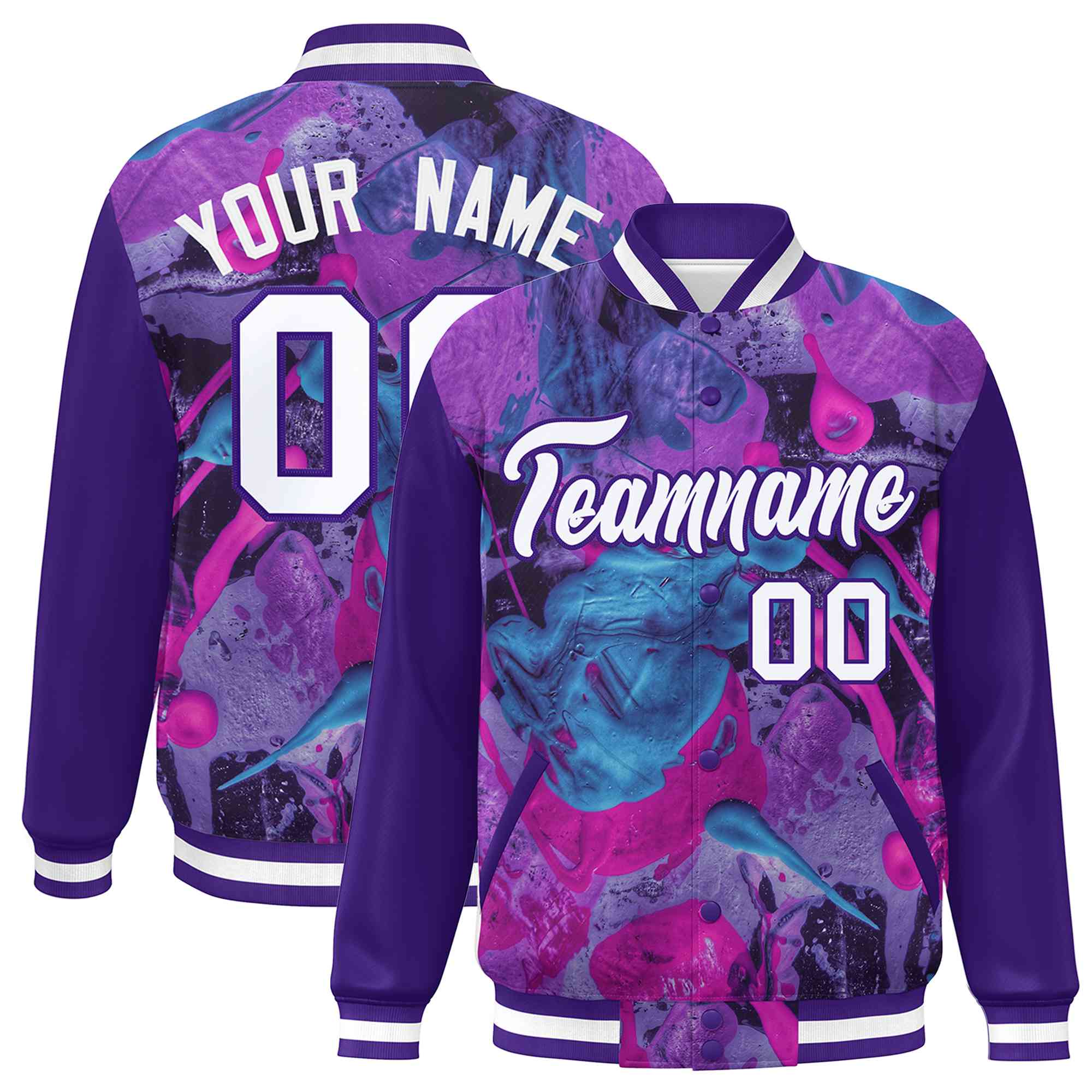 Custom Purple White Tie Dye Ink Paint Varsity Graffiti Pattern Letterman Jacket