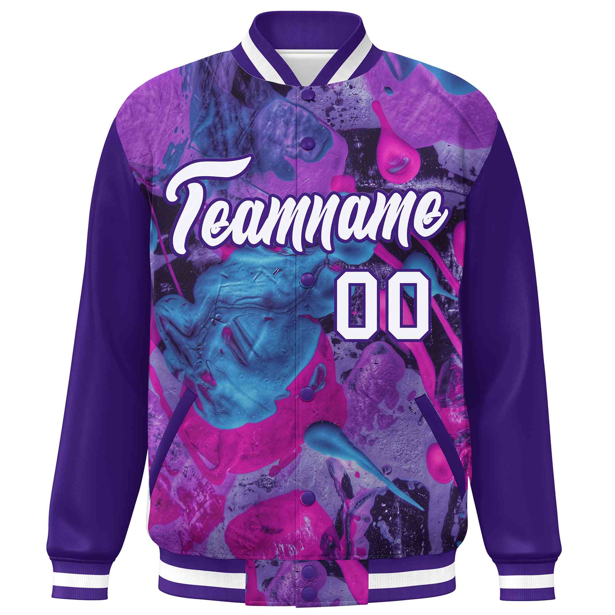 Custom Purple White Tie Dye Ink Paint Varsity Graffiti Pattern Letterman Jacket