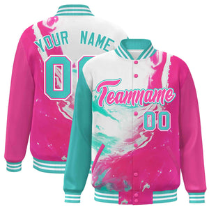 Custom Pink Aqua-White Tie Dye Ink Paint Varsity Graffiti Pattern Letterman Jacket