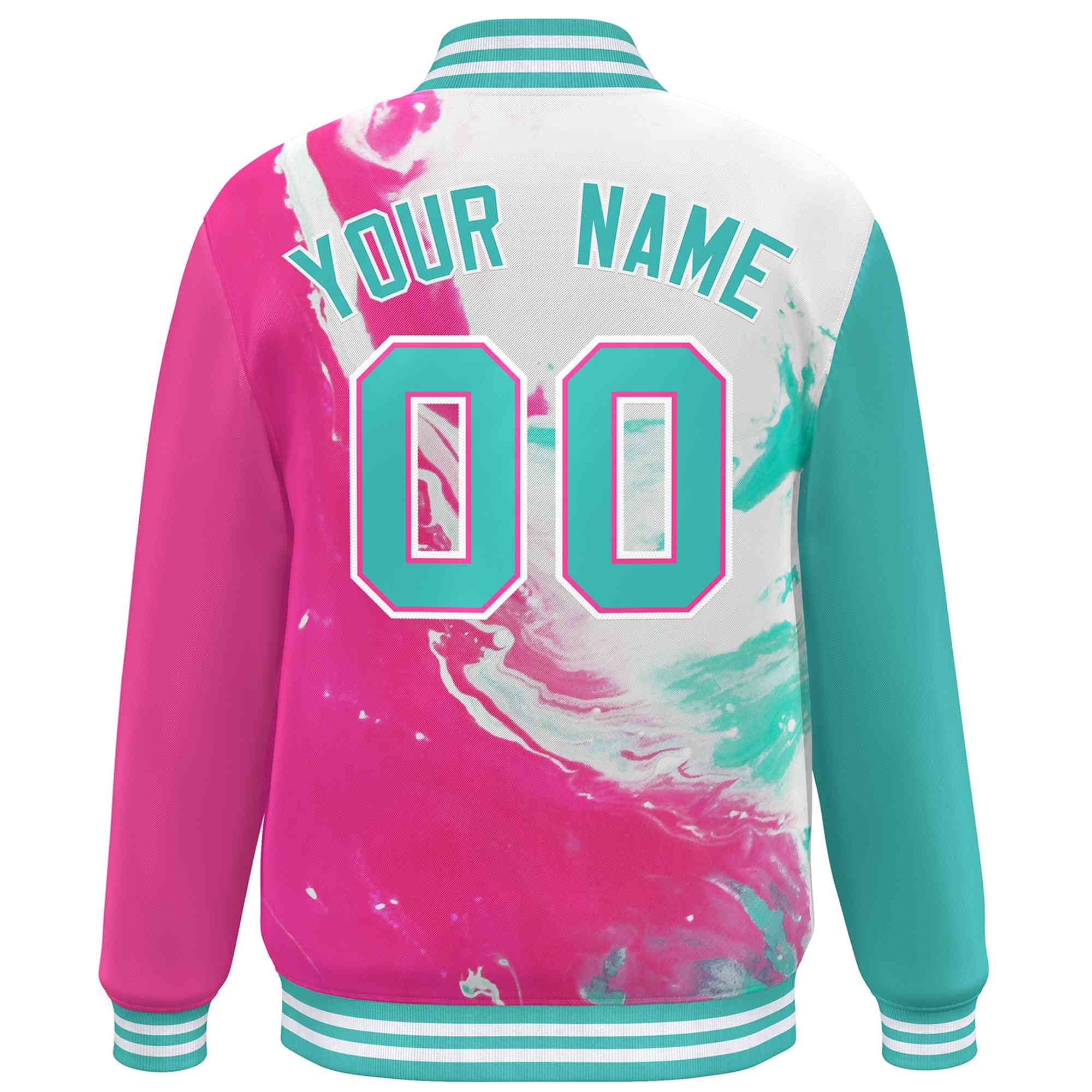 Custom Pink Aqua-White Tie Dye Ink Paint Varsity Graffiti Pattern Letterman Jacket