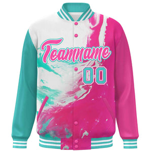 Custom Pink Aqua-White Tie Dye Ink Paint Varsity Graffiti Pattern Letterman Jacket