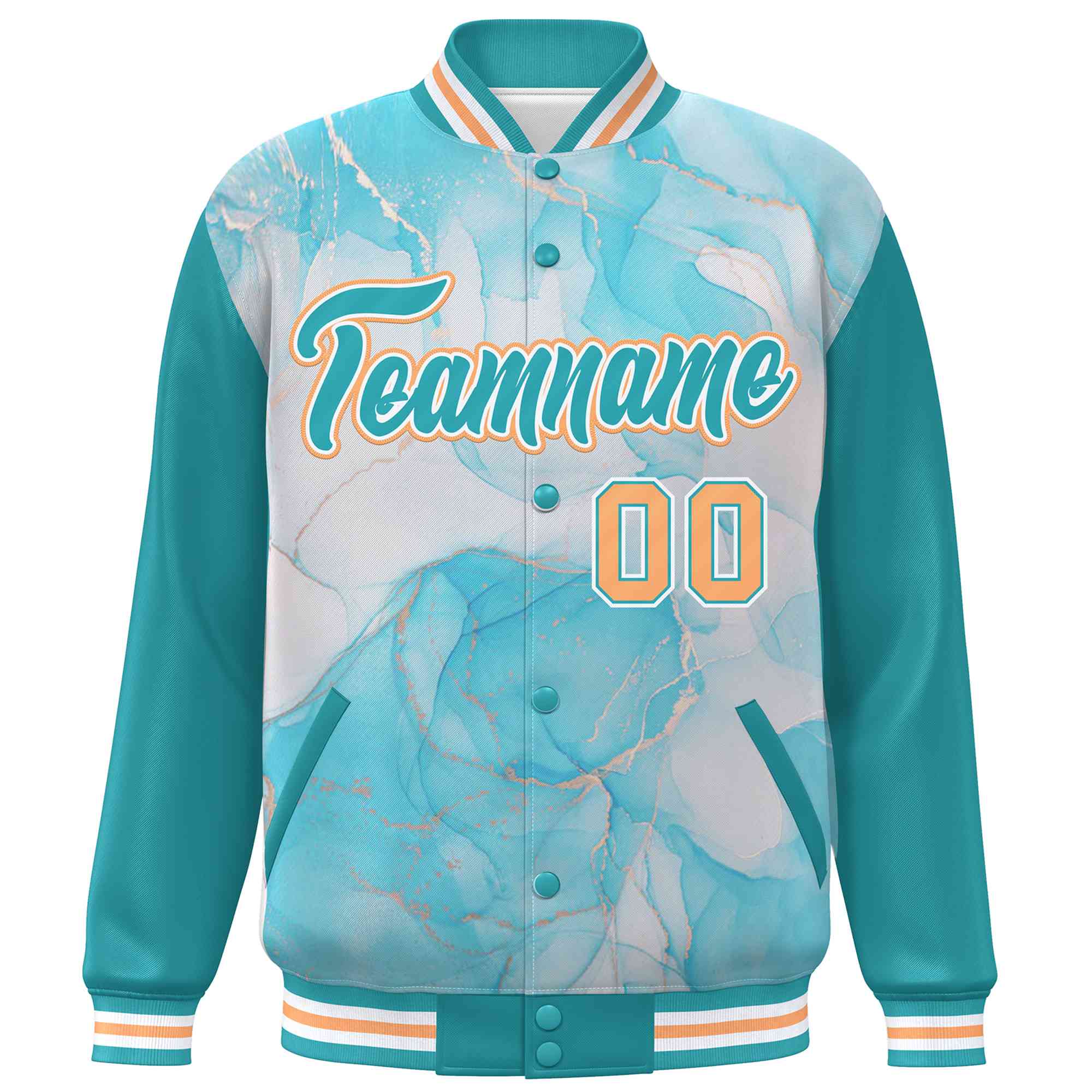 Custom Aqua Orange-White Tie Dye Ink Paint Varsity Graffiti Pattern Letterman Jacket