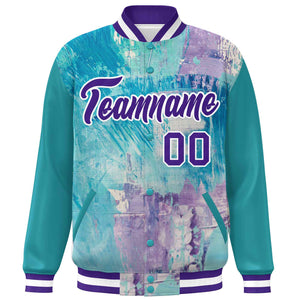 Custom Aqua Purple-White Tie Dye Ink Paint Varsity Graffiti Pattern Letterman Jacket