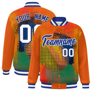 Custom Orange Royal-White Tie Dye Ink Paint Varsity Graffiti Pattern Letterman Jacket