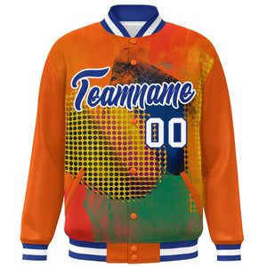 Custom Orange Royal-White Tie Dye Ink Paint Varsity Graffiti Pattern Letterman Jacket