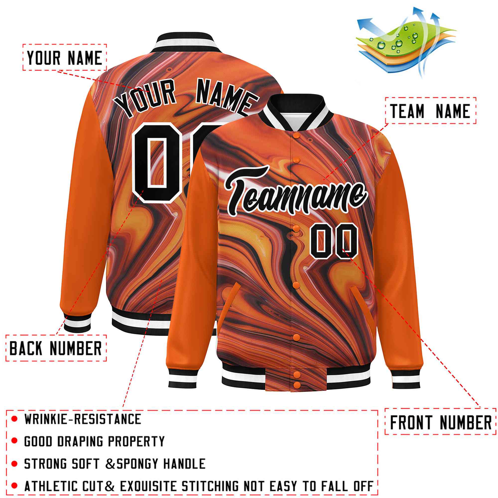 Custom Orange Black-White Tie Dye Ink Paint Varsity Graffiti Pattern Letterman Jacket