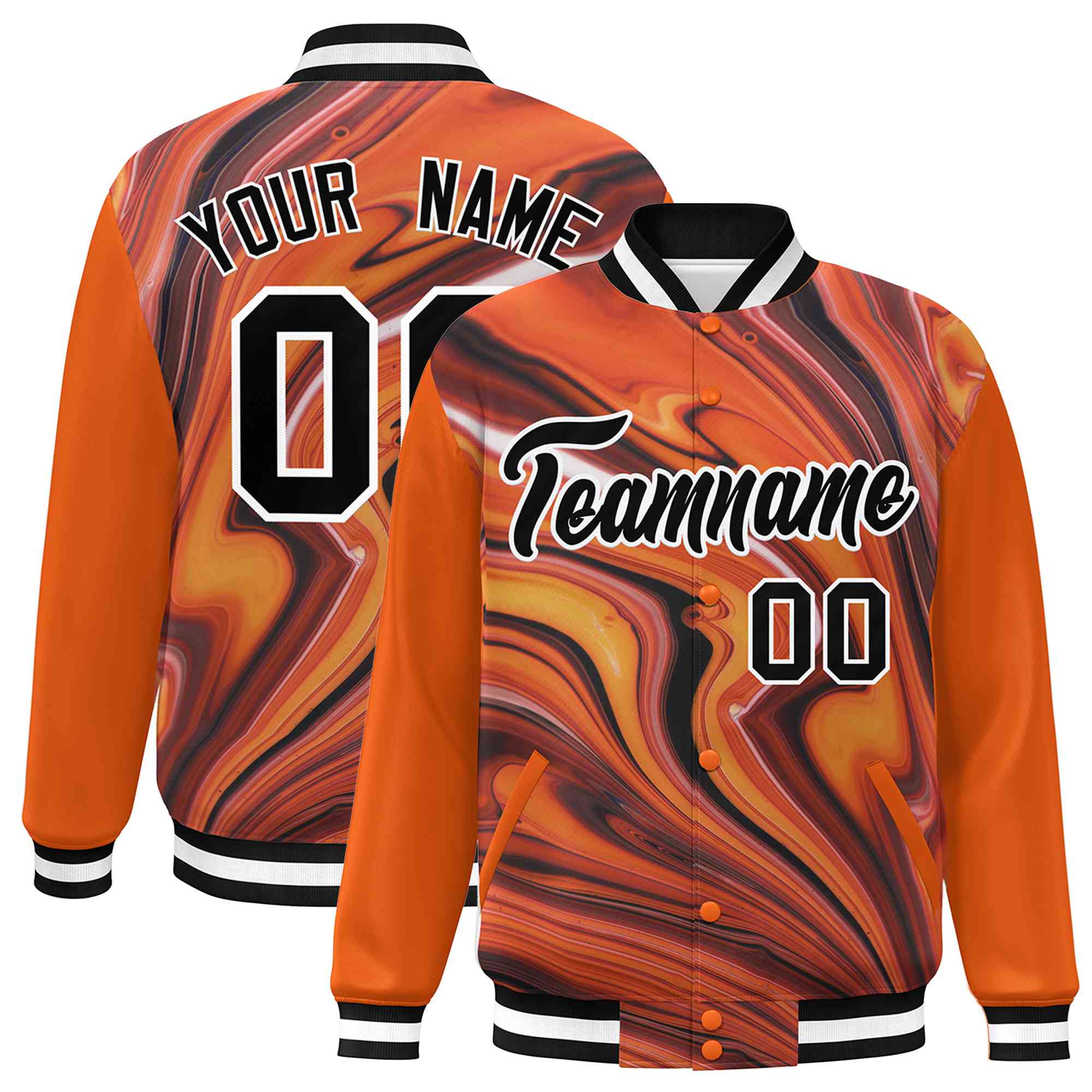 Custom Orange Black-White Tie Dye Ink Paint Varsity Graffiti Pattern Letterman Jacket