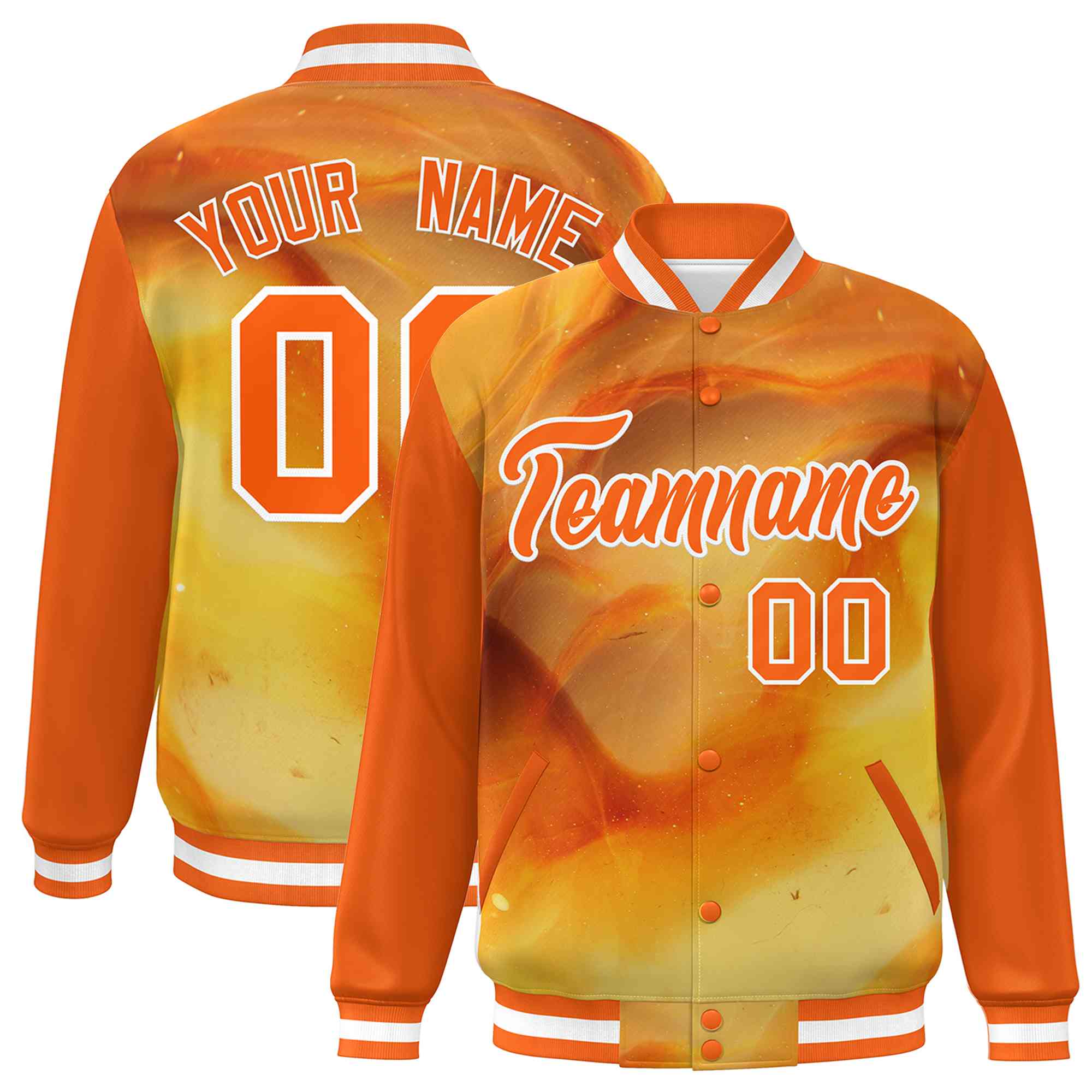 Custom Orange White Tie Dye Ink Paint Varsity Graffiti Pattern Letterman Jacket