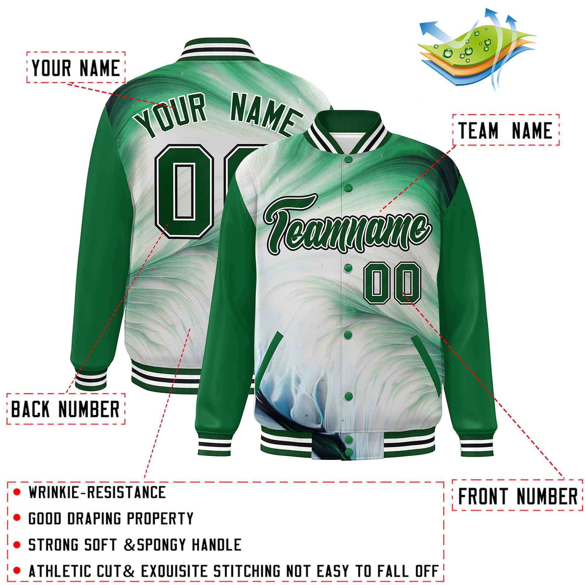 Custom Kelly Green Green-White Tie Dye Ink Paint Varsity Graffiti Pattern Letterman Jacket