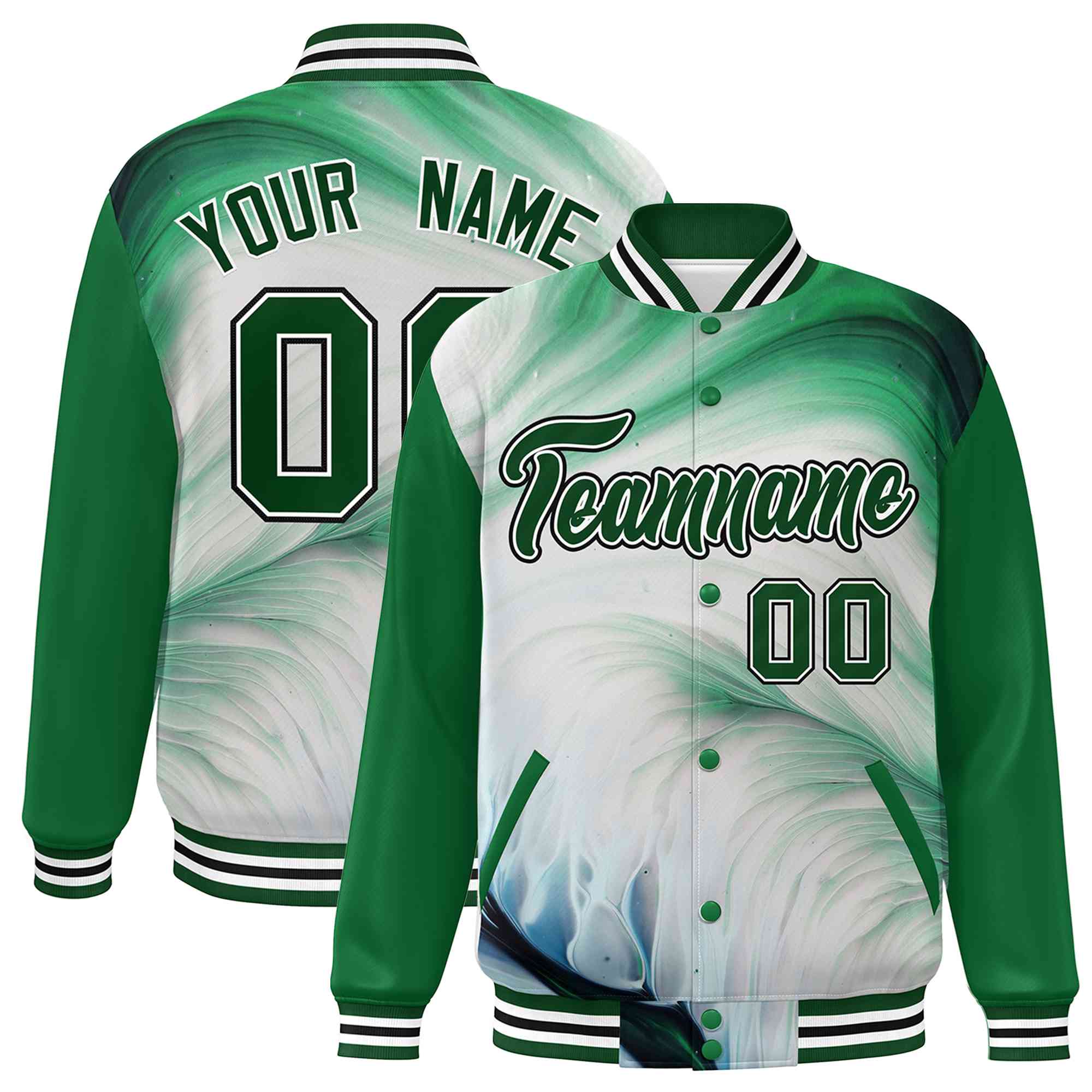 Custom Kelly Green Green-White Tie Dye Ink Paint Varsity Graffiti Pattern Letterman Jacket