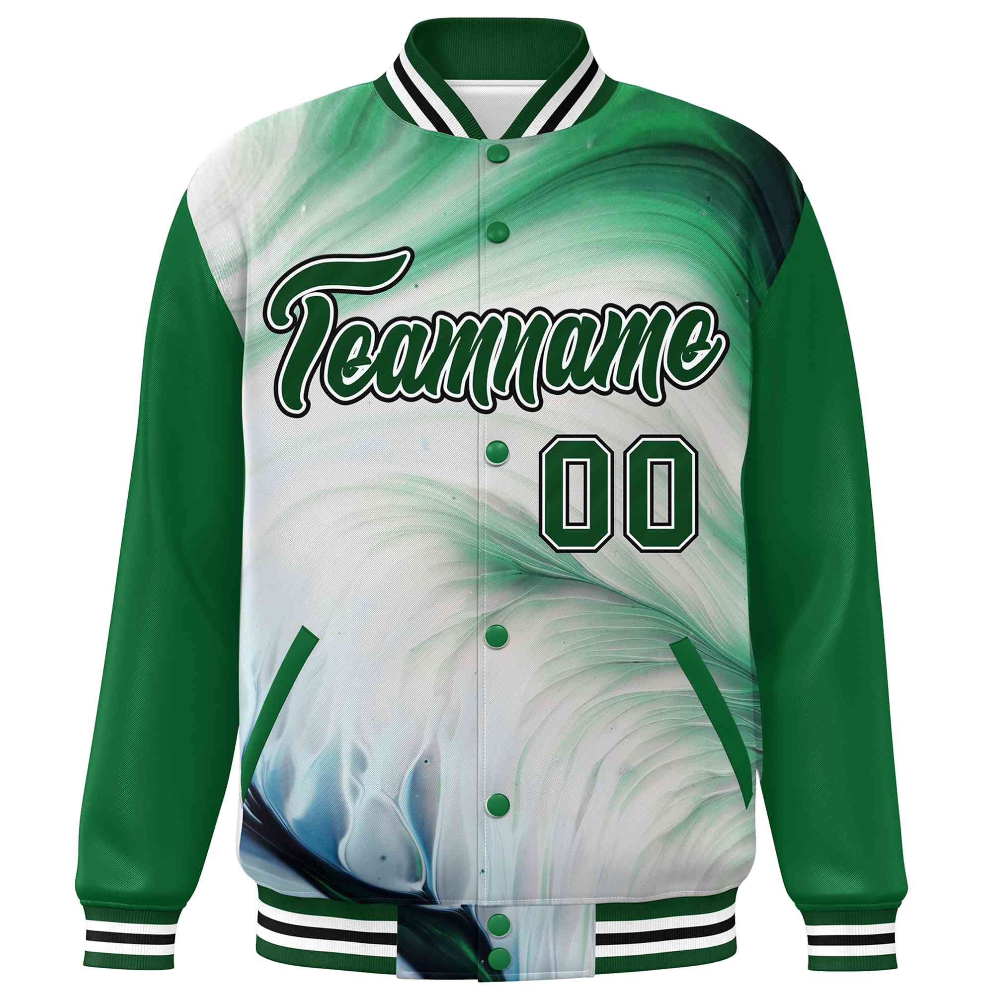 Custom Kelly Green Green-White Tie Dye Ink Paint Varsity Graffiti Pattern Letterman Jacket